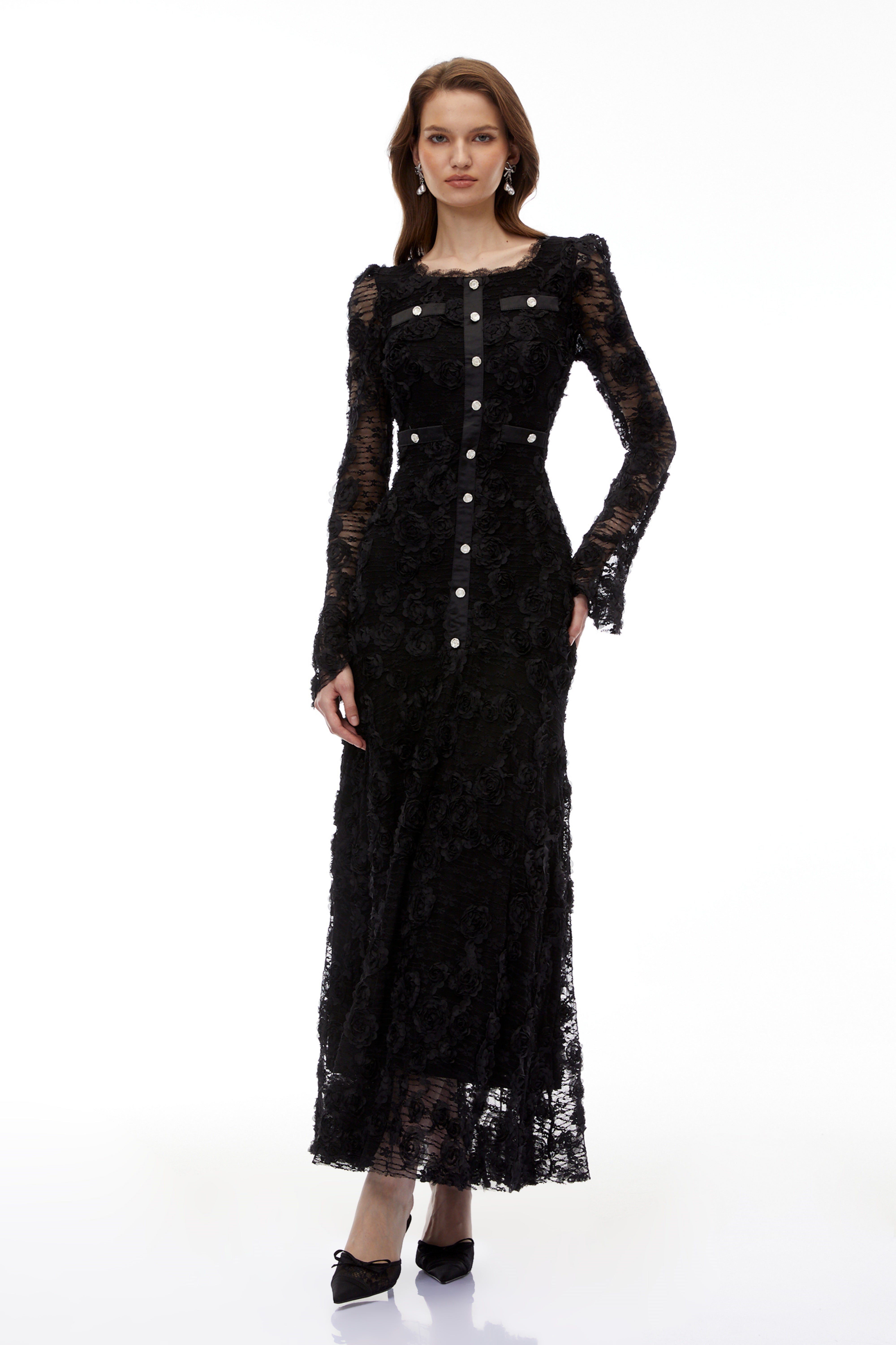 Branwen Black 3D-Floral Embroidered Lace Maxi Dress (Final Sale)
