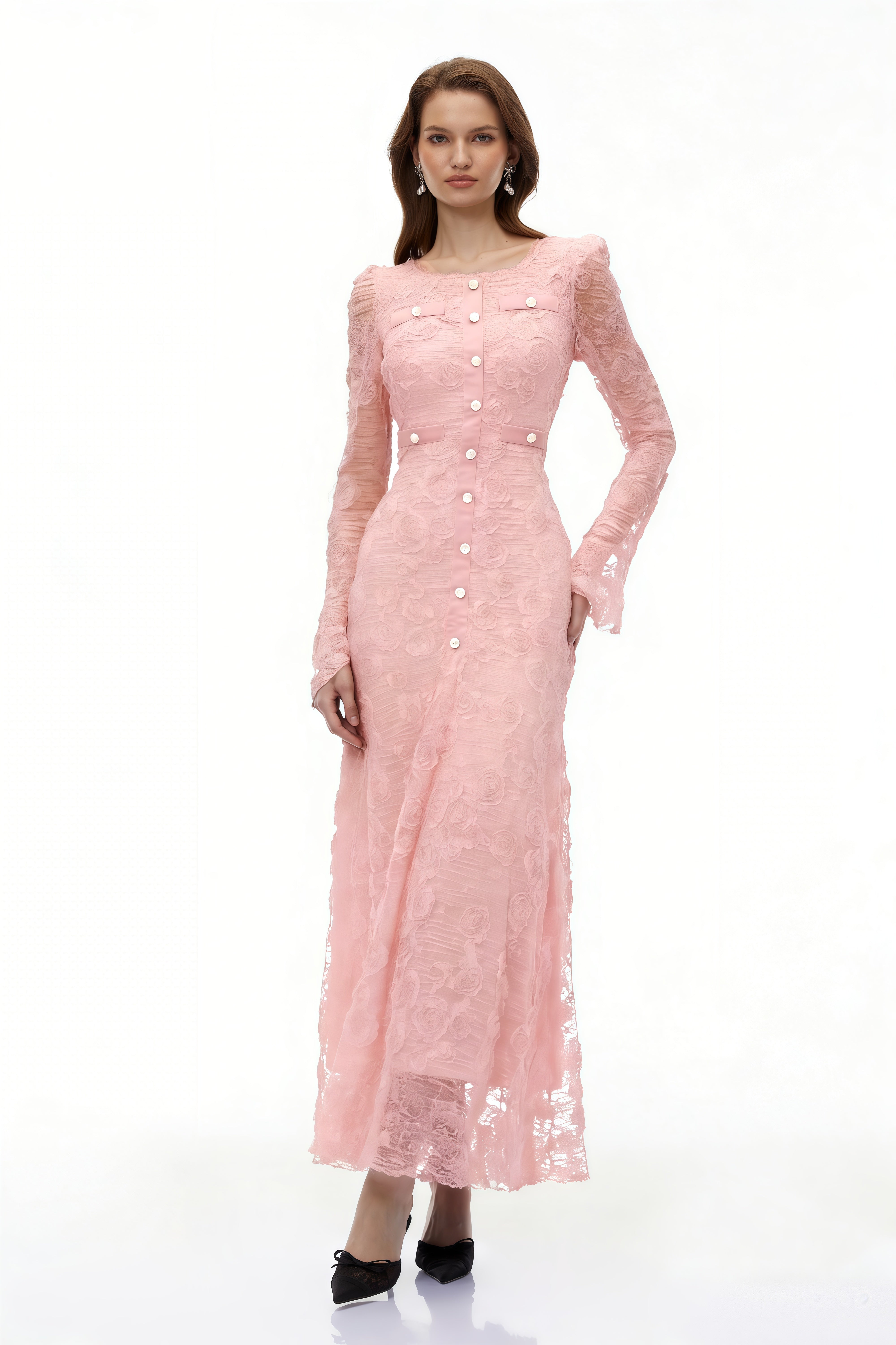 Branwen Pink 3D-Floral Embroidered Lace Maxi Dress (Final Sale-US Only)