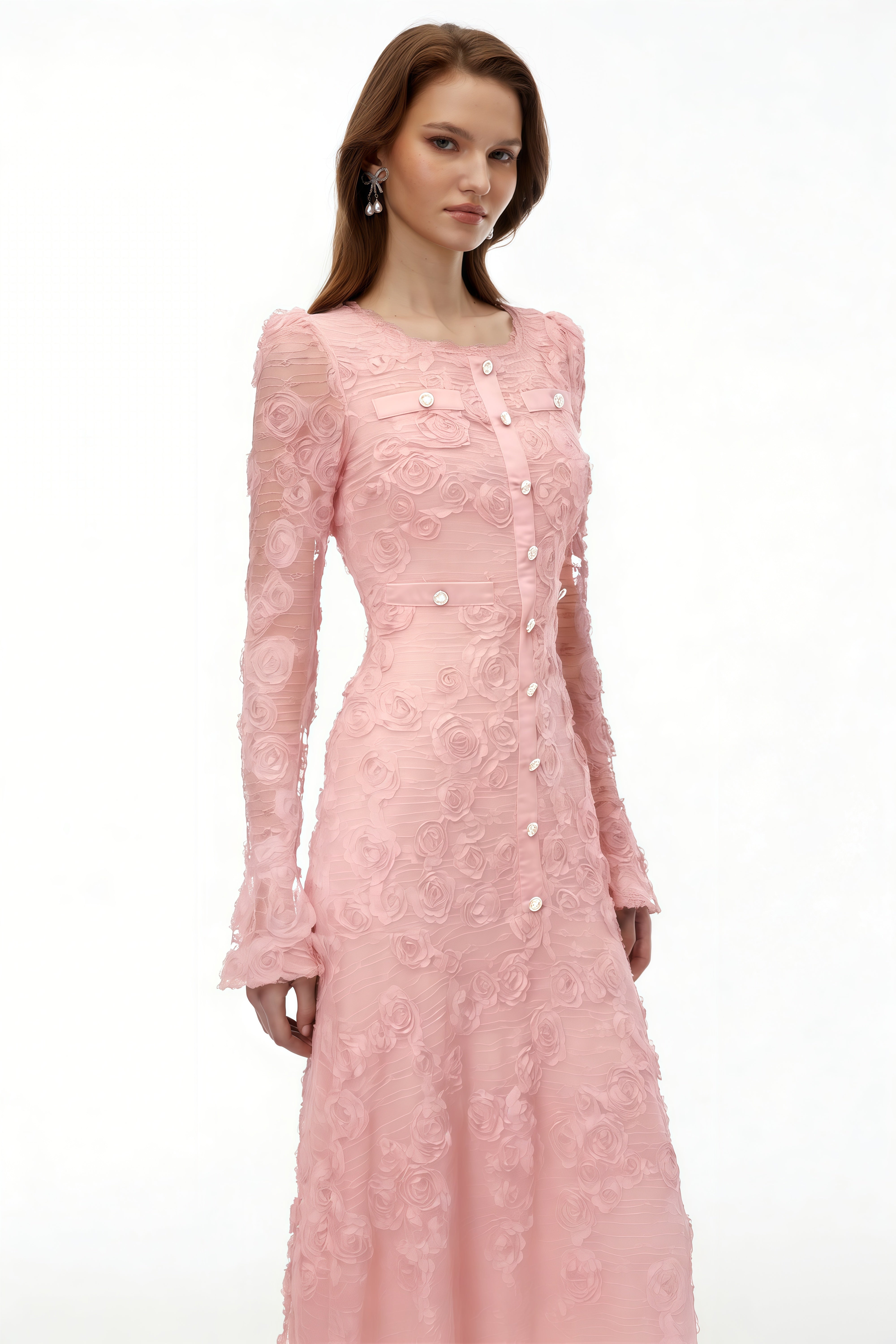 Branwen Pink 3D-Floral Embroidered Lace Maxi Dress (Final Sale-US Only)