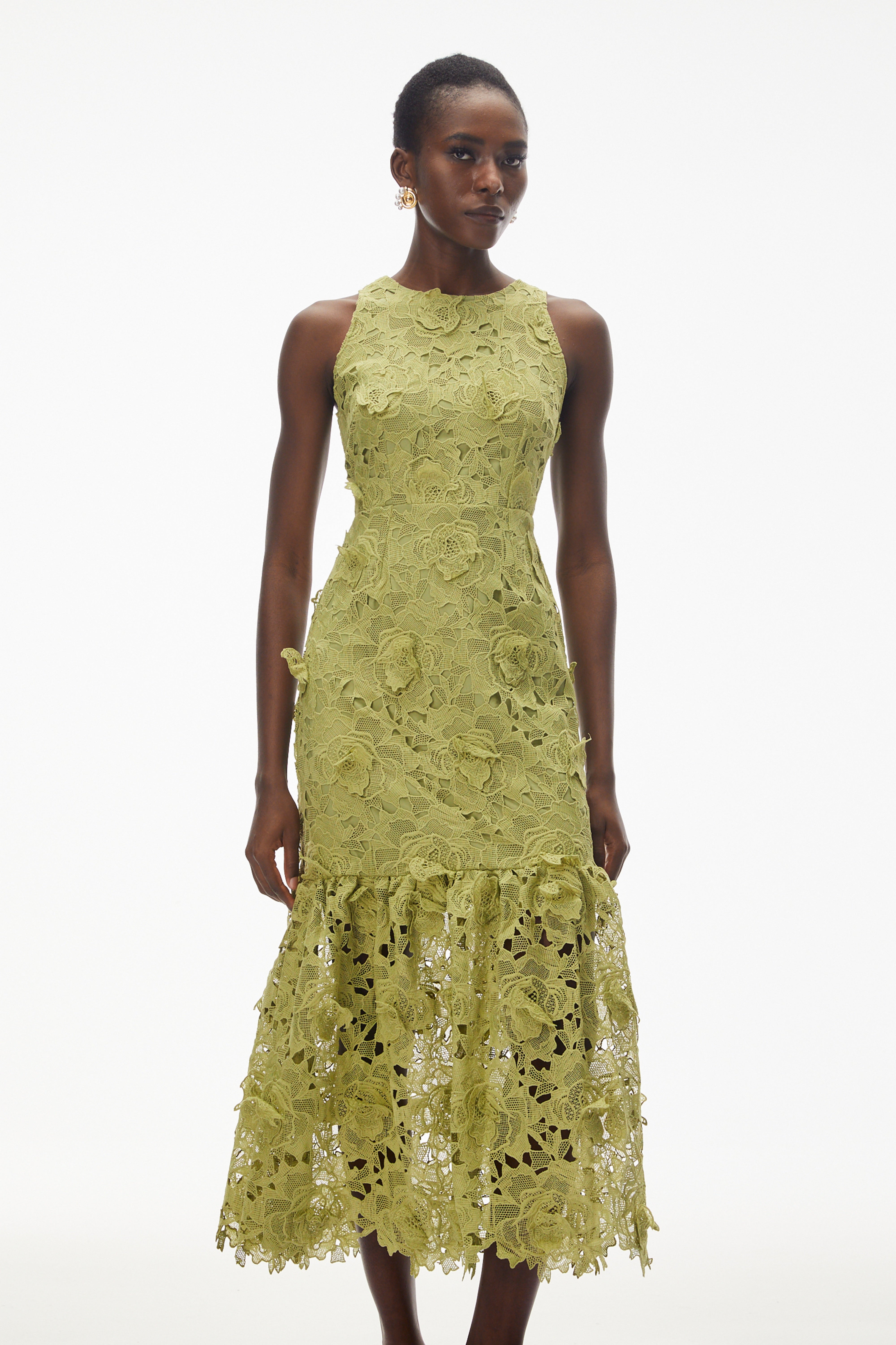 Briseis Olive Green Midi Dress with 3D Florals (Final Sale-US Only)