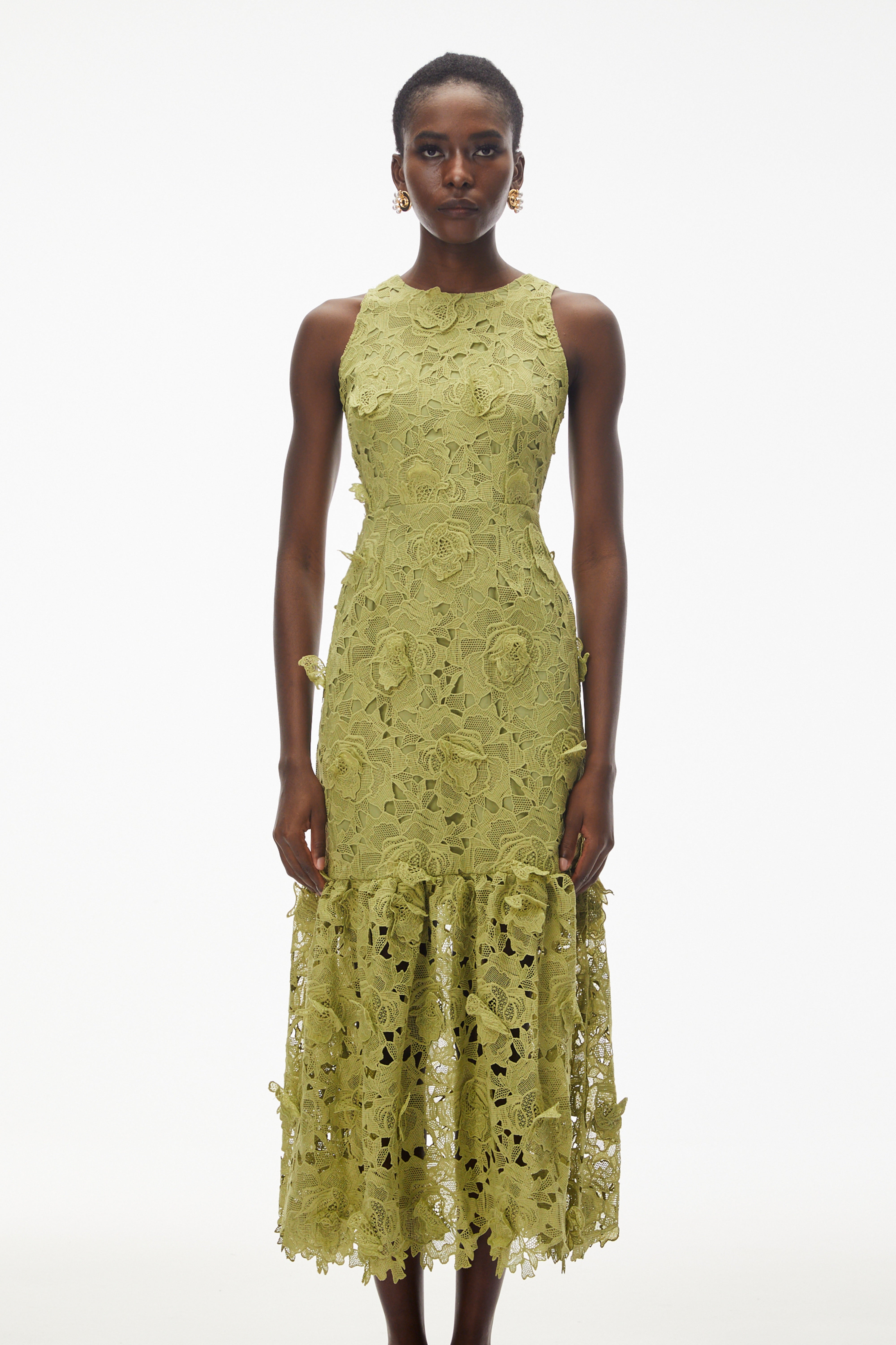 Briseis Olive Green Midi Dress with 3D Florals (Final Sale-US Only)