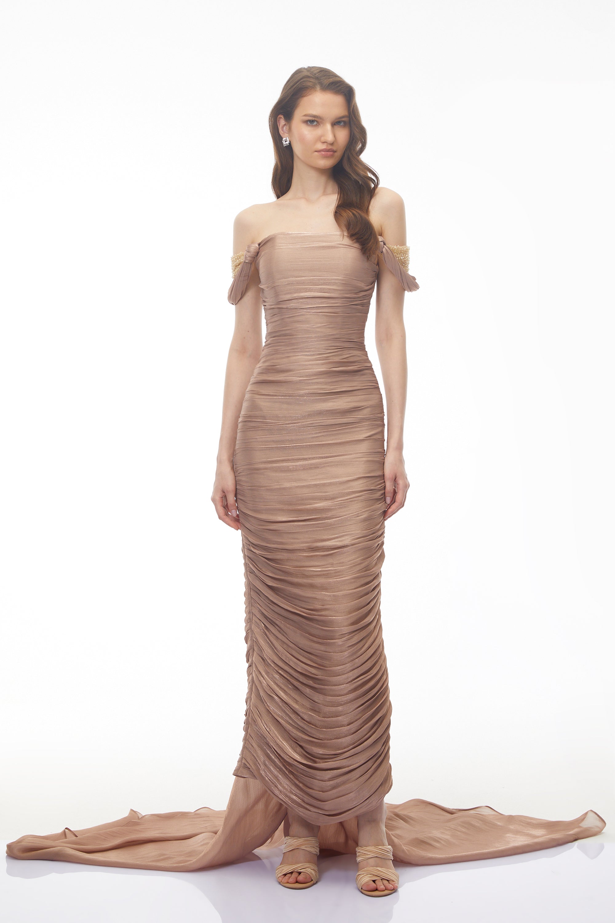 Bruna Gold Embellished Ruched Asymmetrical Maxi Dress (Final Sale-US Only)