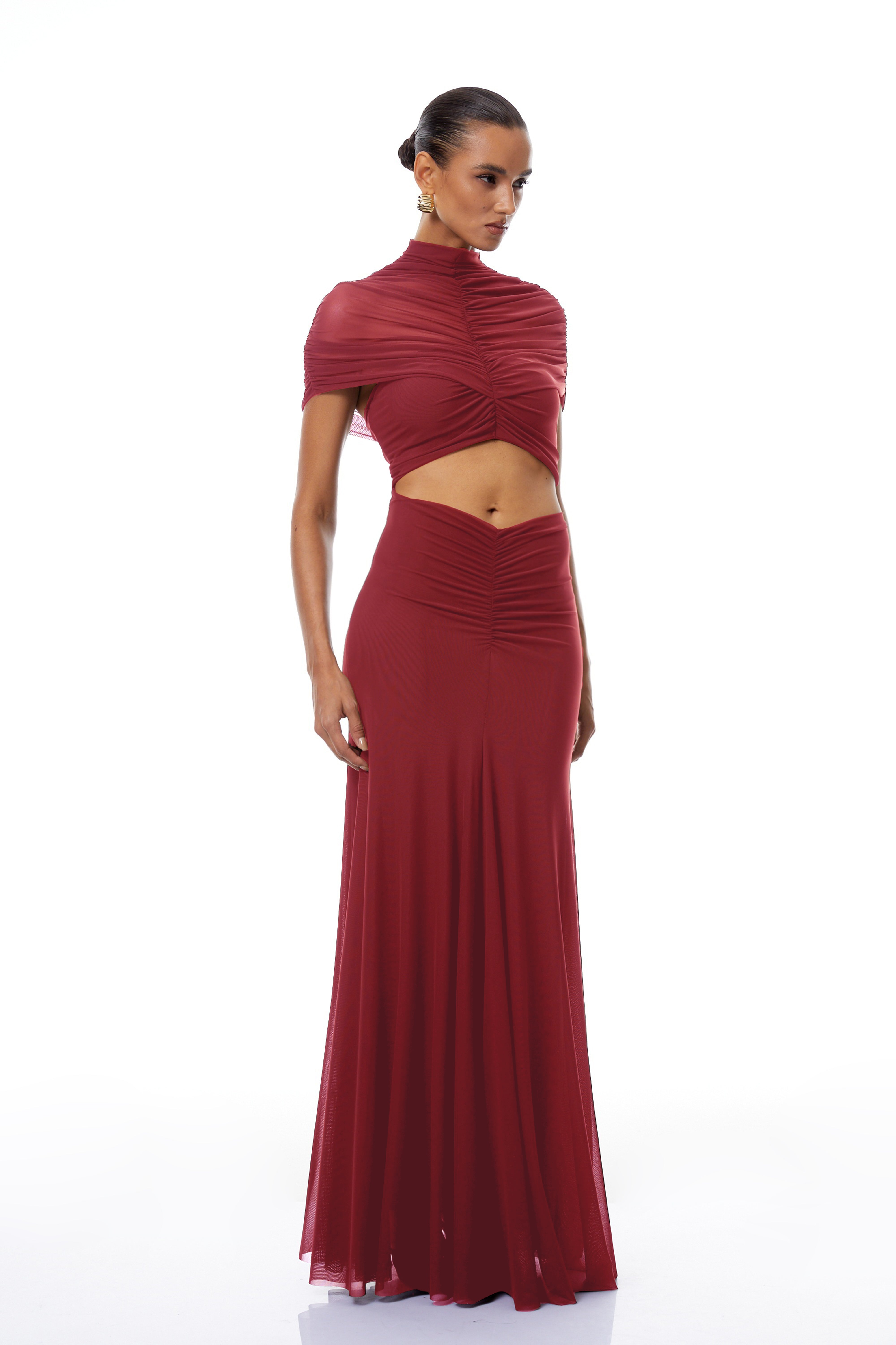 Bruna Red Cut-Out Ruched Mesh Maxi Dress