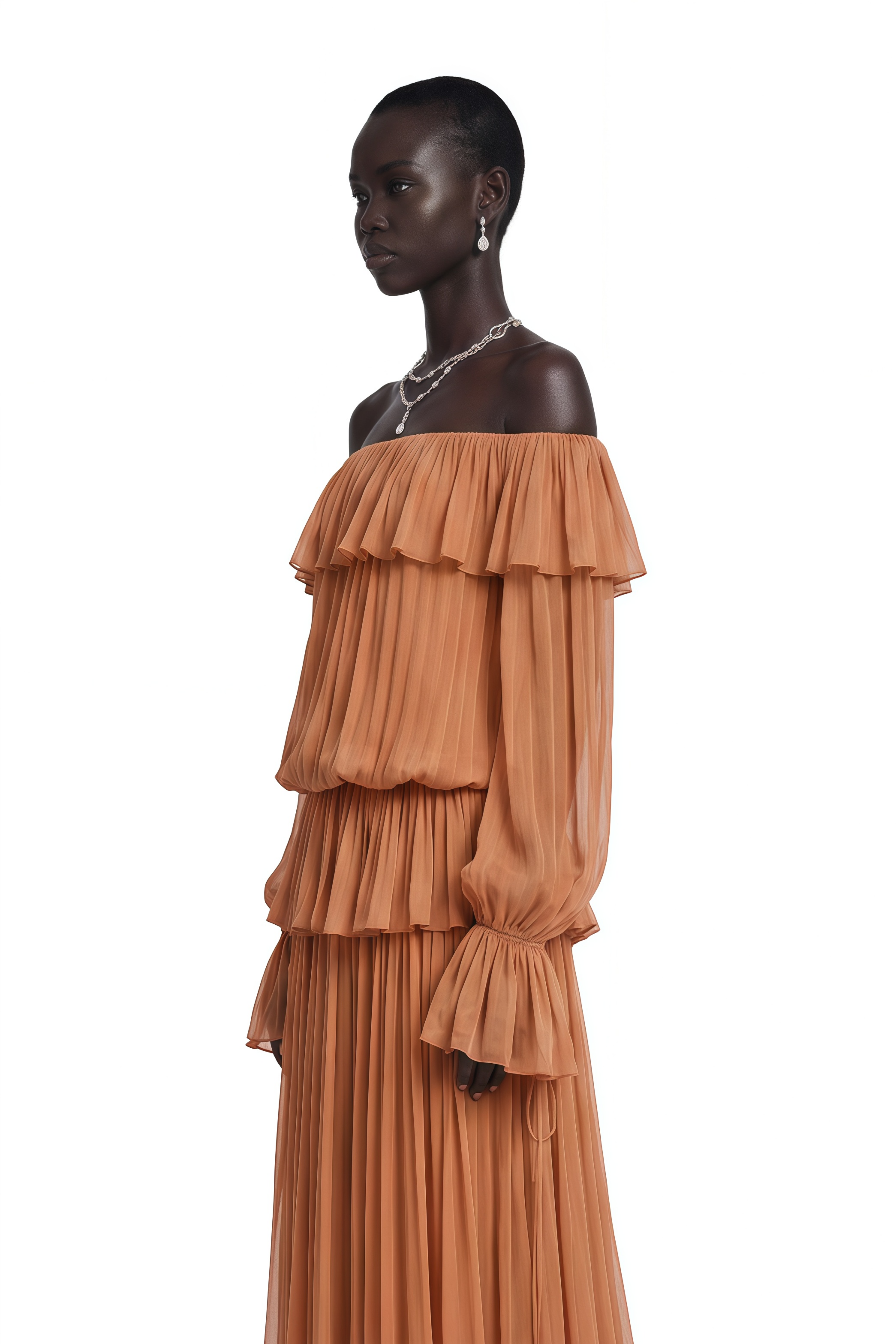 Calantha Chocolate Brown Off Shoulder Ruffled Top & Skirt Set