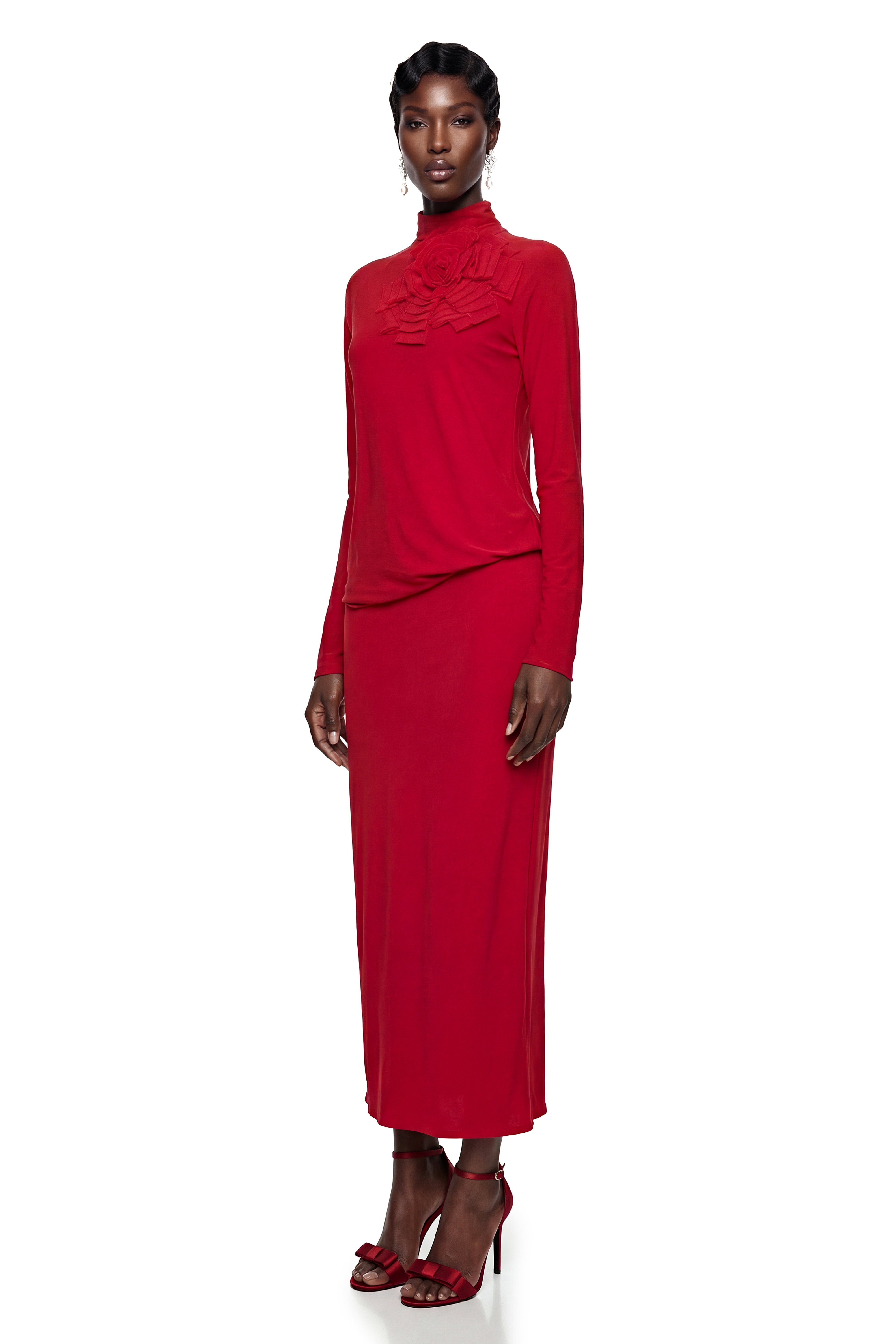 Caroline Red Maxi Dress with 3D Petals (Final Sale)