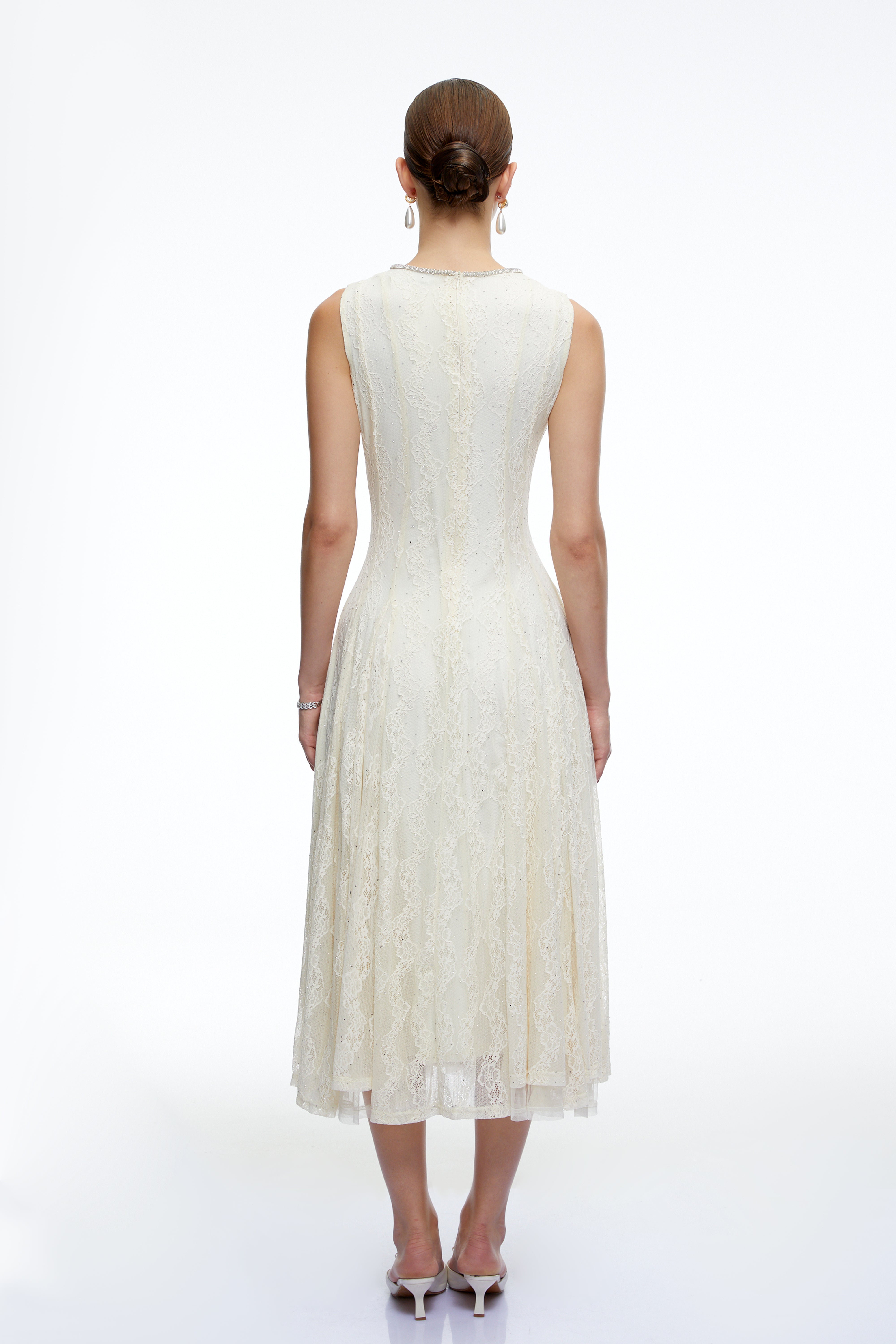 Cassia White Embroidered Midi Dress with Lace