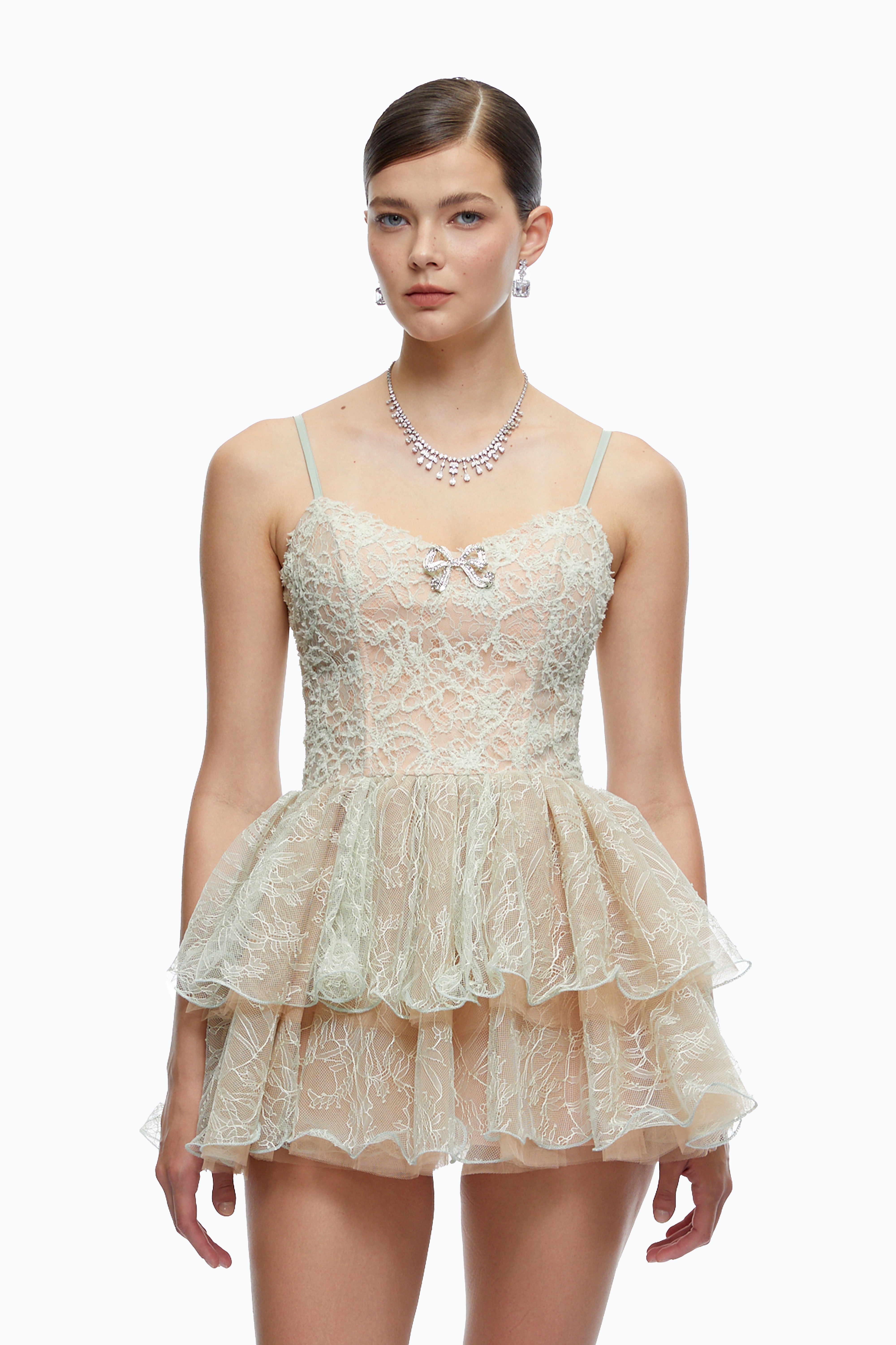 Cassidy Mint Green Lace Ruffled Embellished Mini Dress