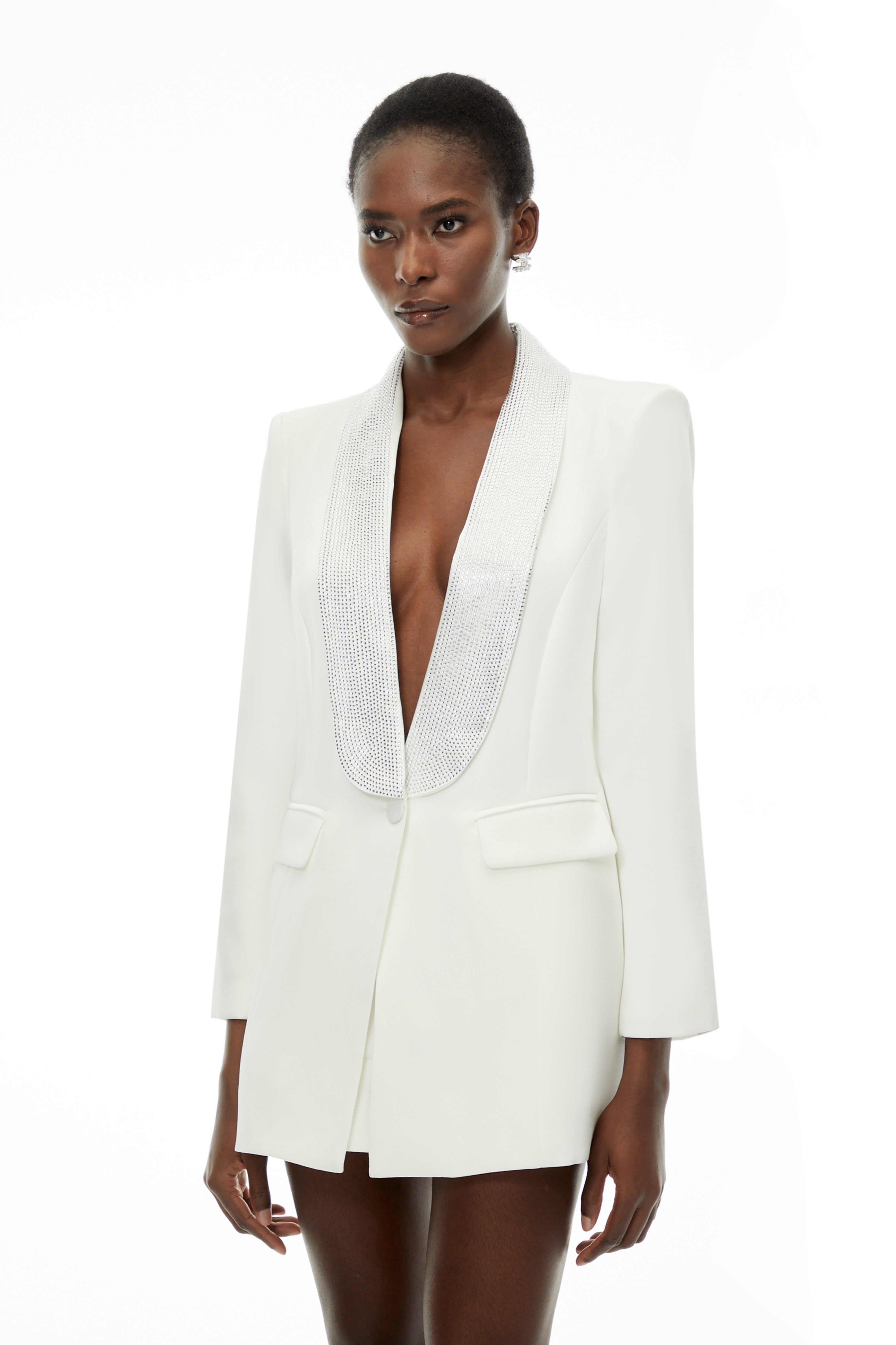 Caterina White Plunge Neck Embellished Blazer