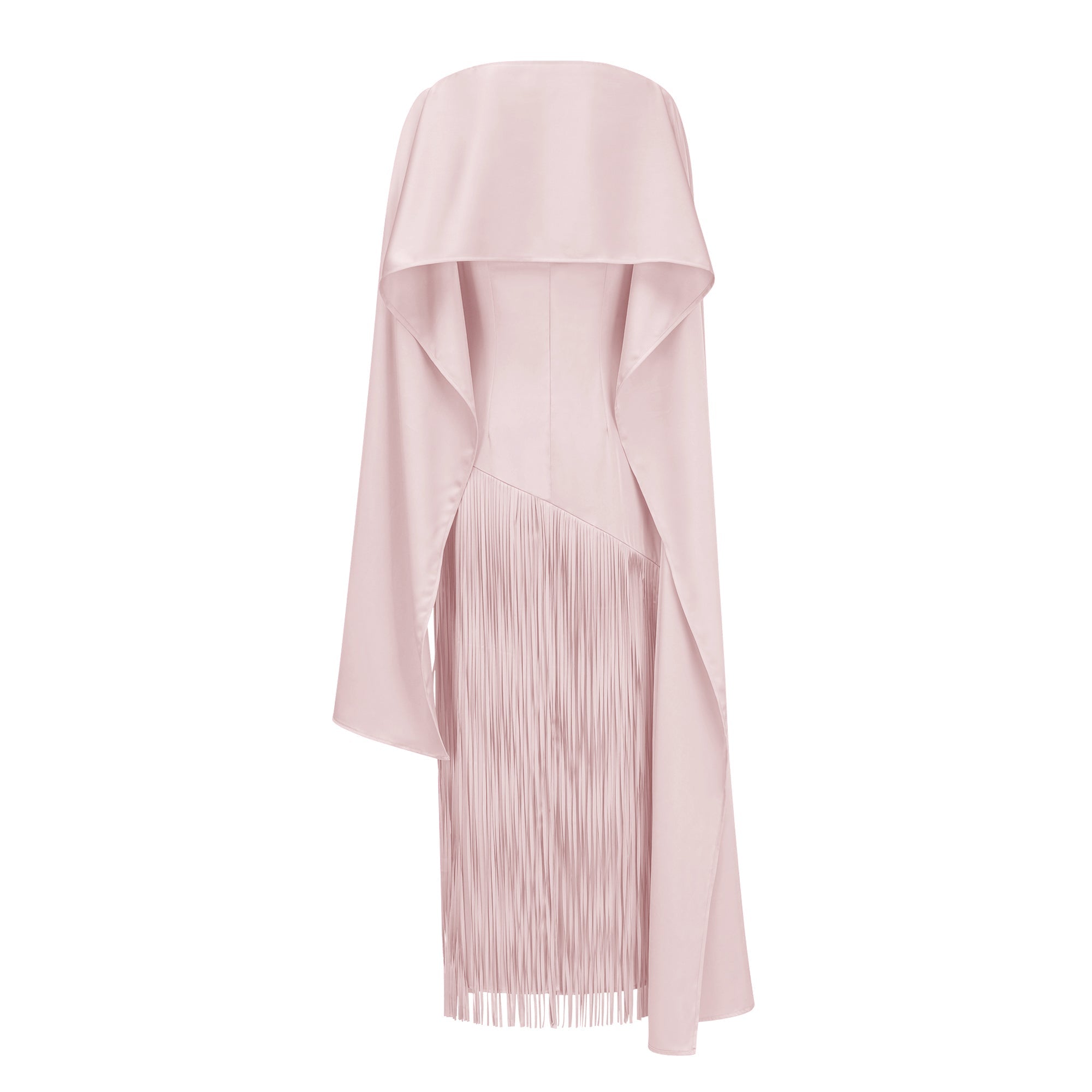 Light pink cape maxi dress with an asymmetrical waist and long fringe skirt