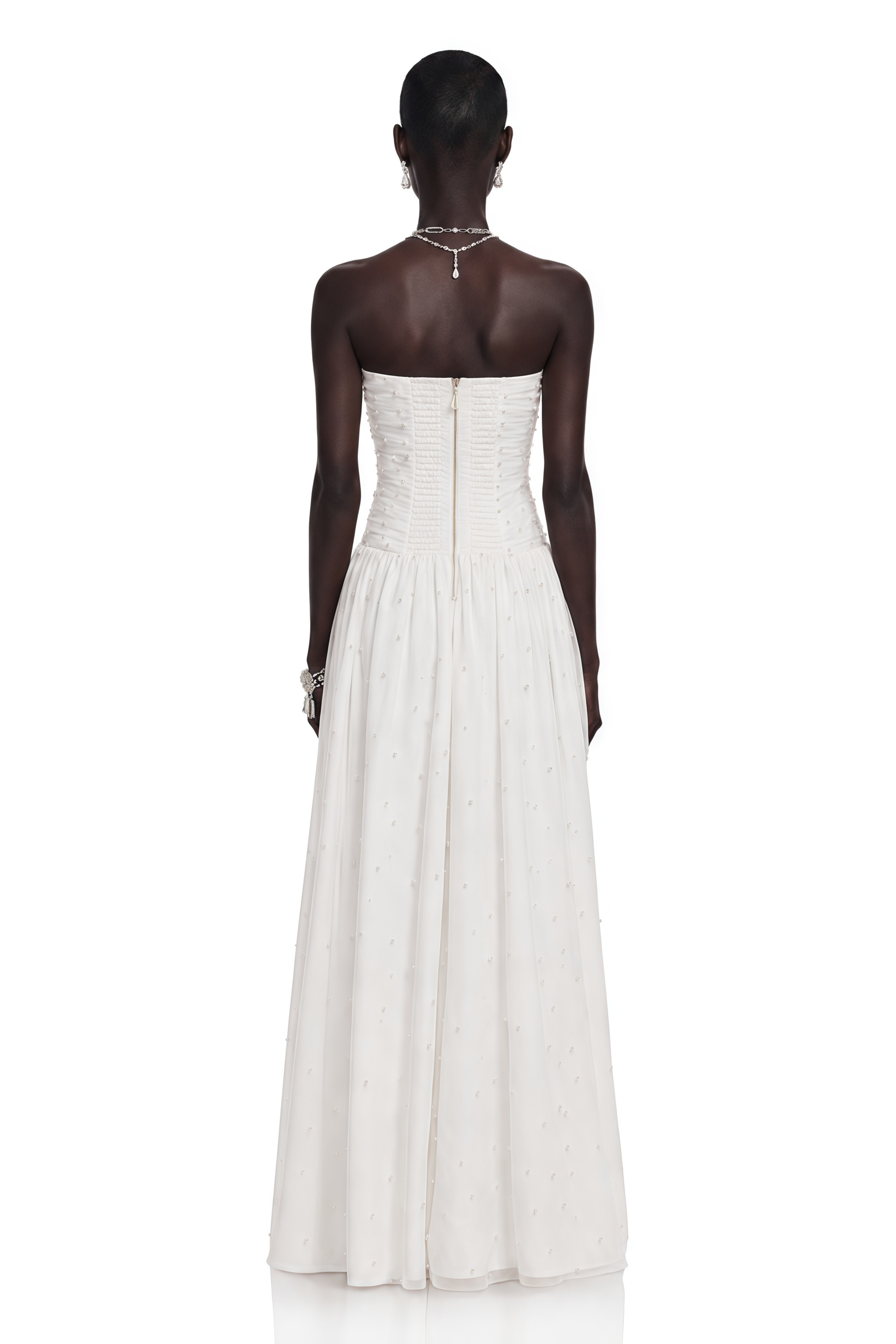 Celeste White Strapless Ruched Asymmetrical Maxi Dress