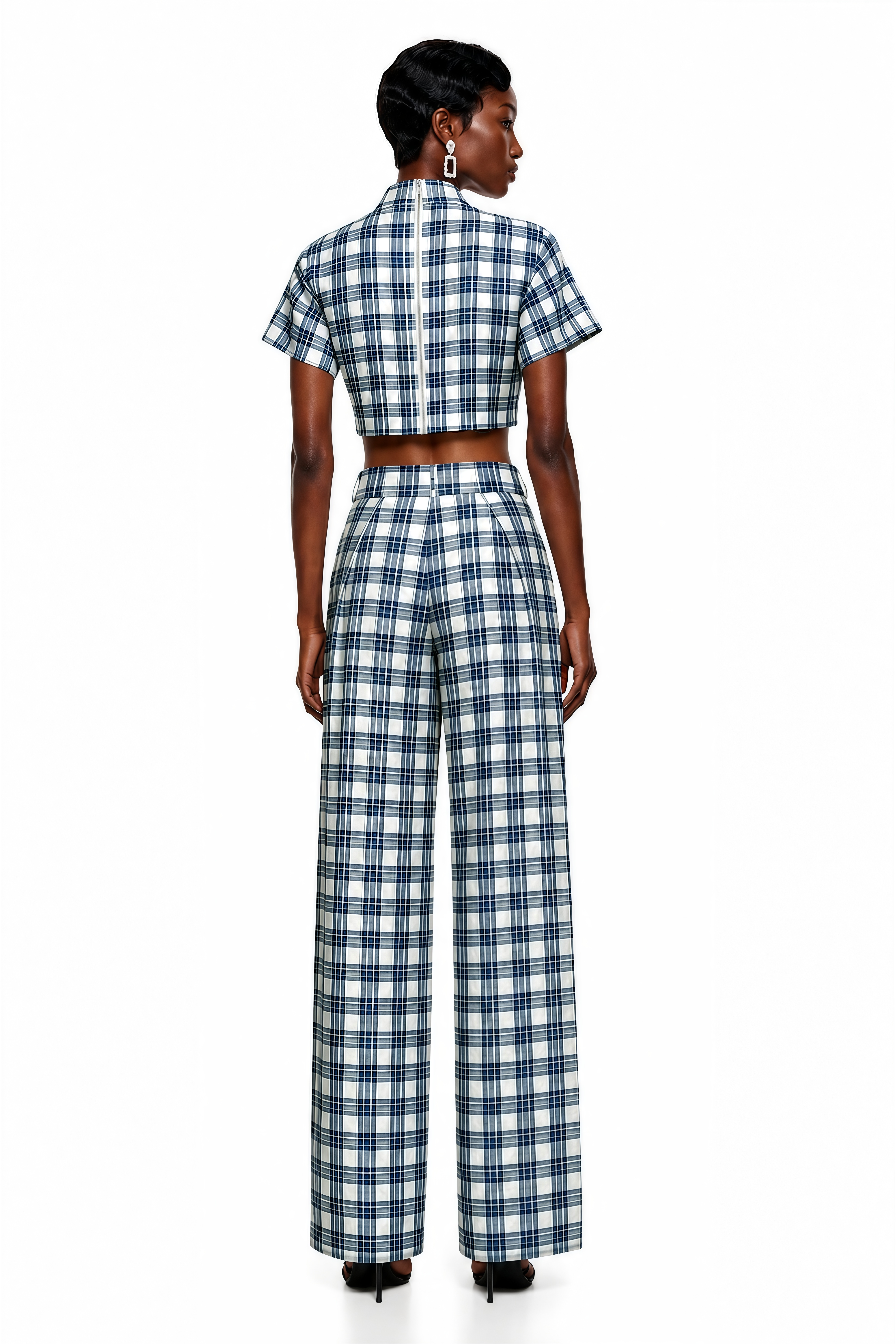 Blue and white plaid two-piece set featuring a high-neck short-sleeve crop top and matching wide-leg trousers