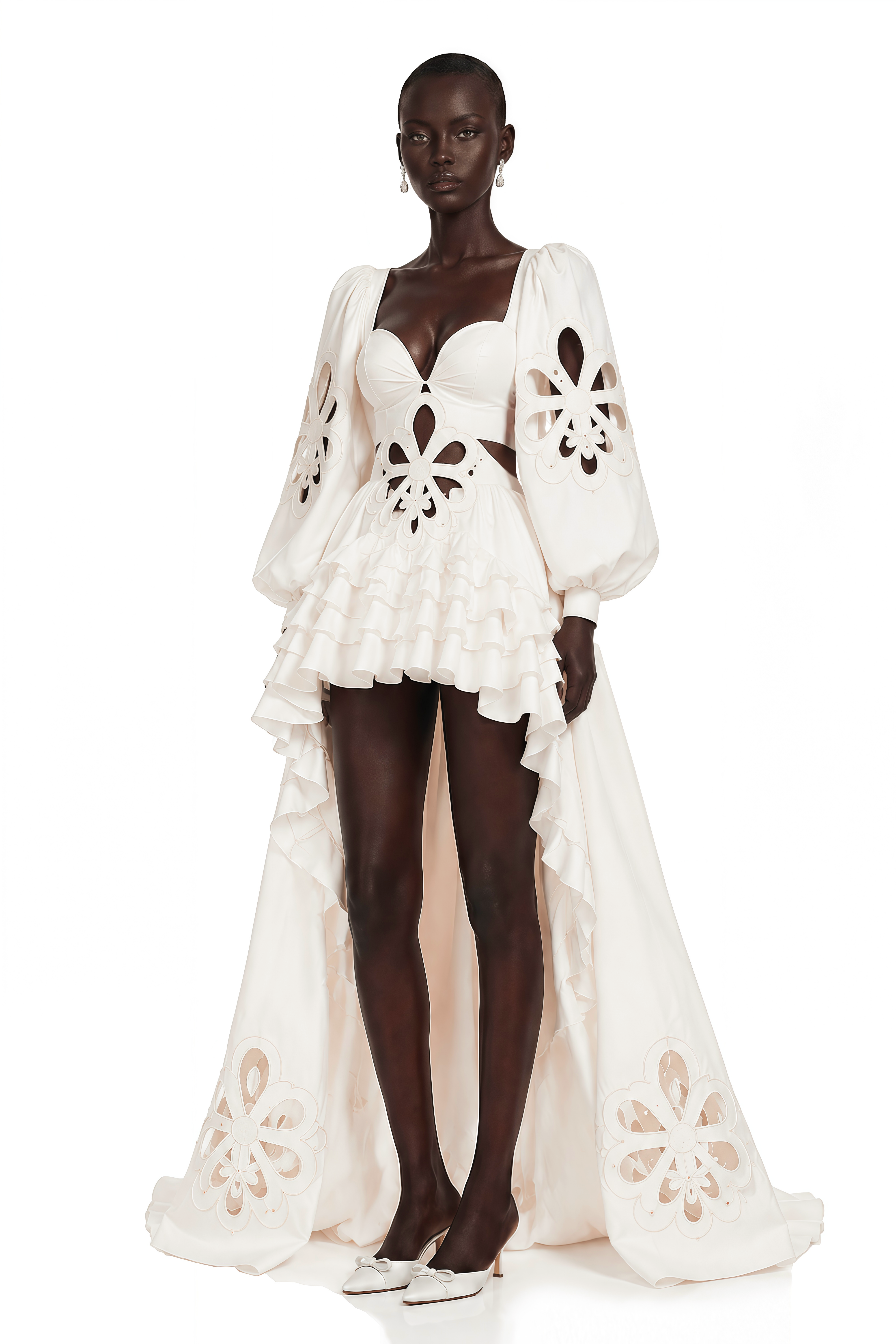 White high-low ruffle gown with cutout details