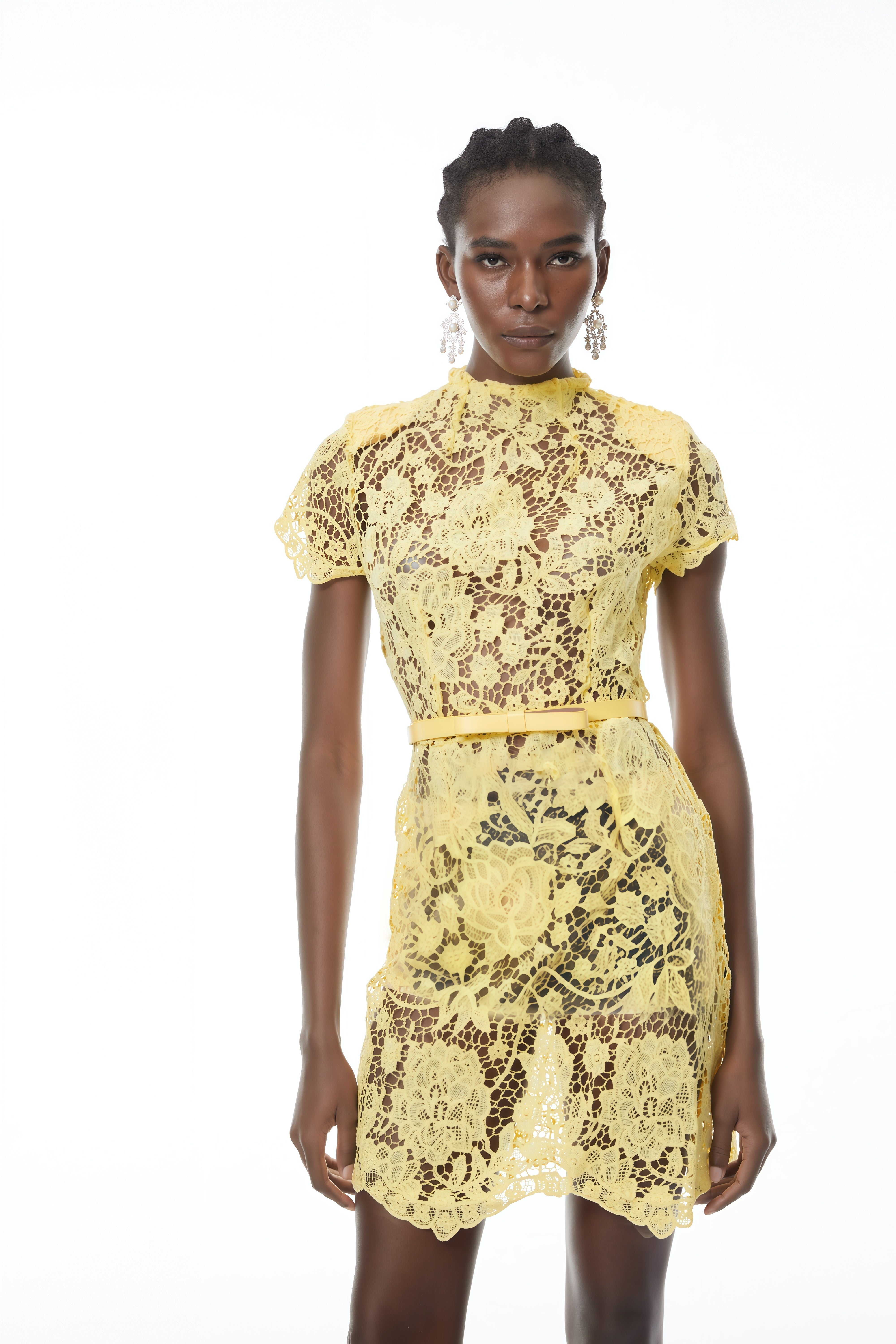 Yellow sheer mock-neck short-sleeve lace mini dress with a matching belt