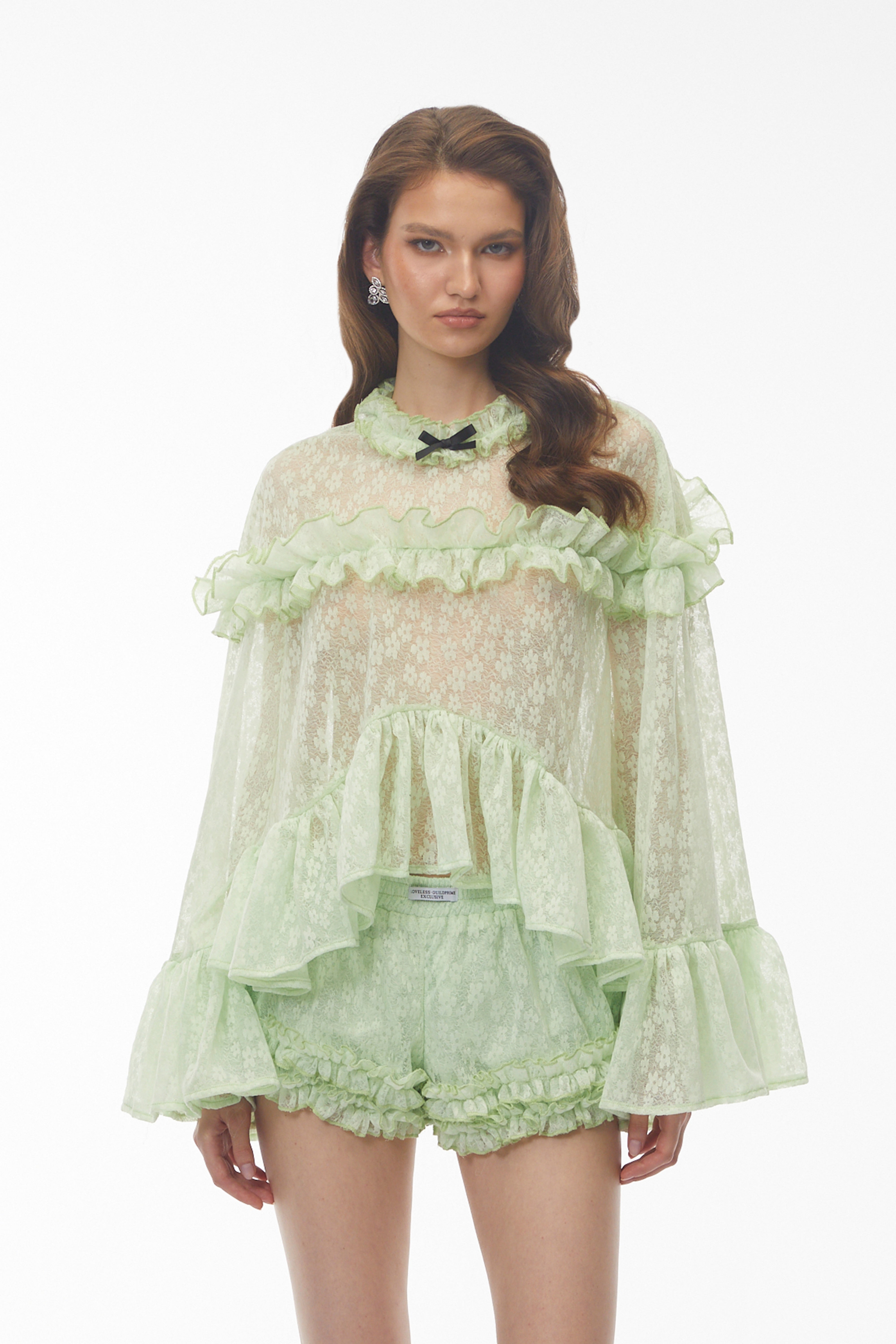 Colette Mint Green Floral Lace Ruffled Top & Shorts Set (Final Sale)