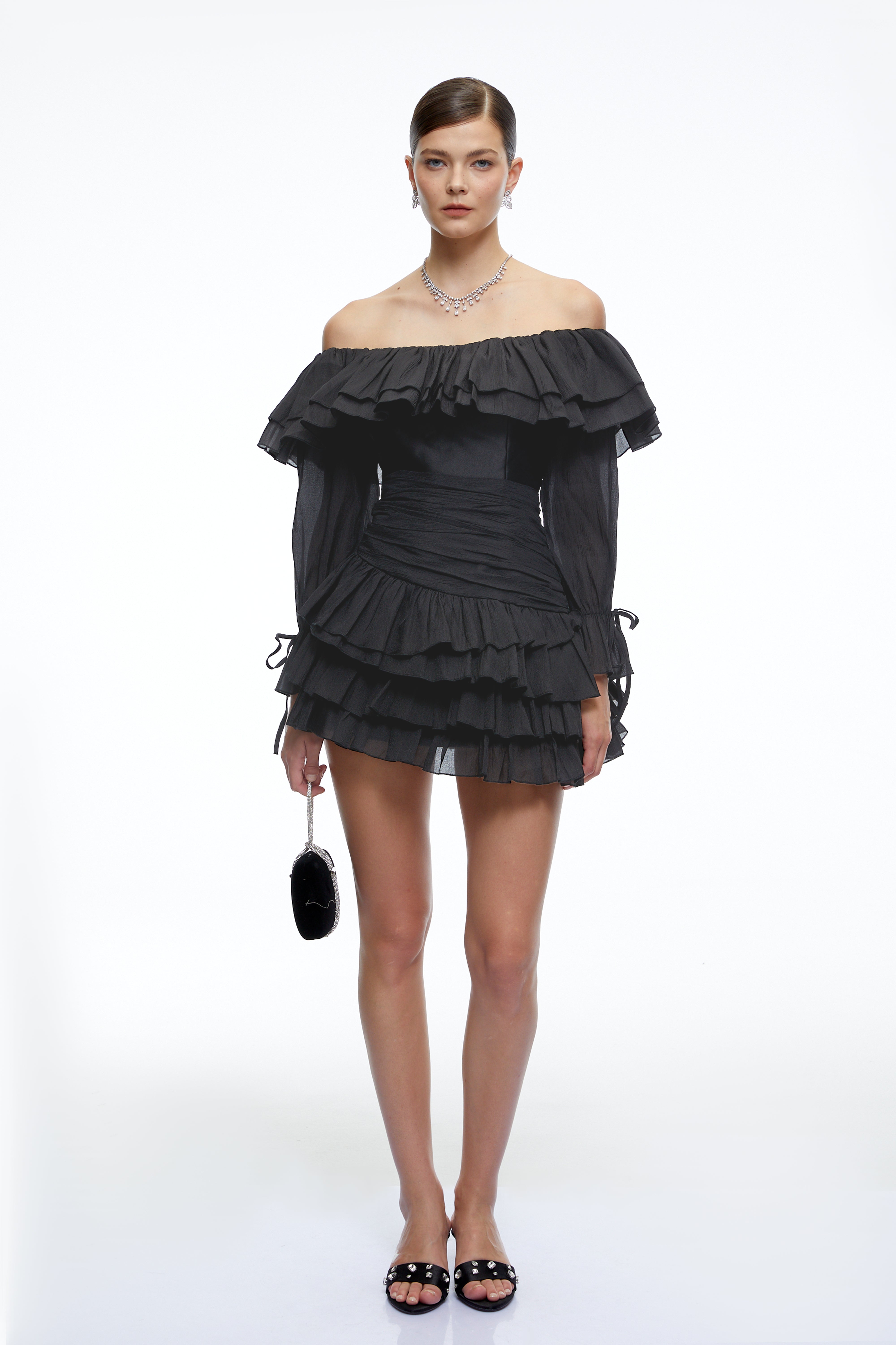 Cordelia Black Off Shoulder Ruffled Mini Dress