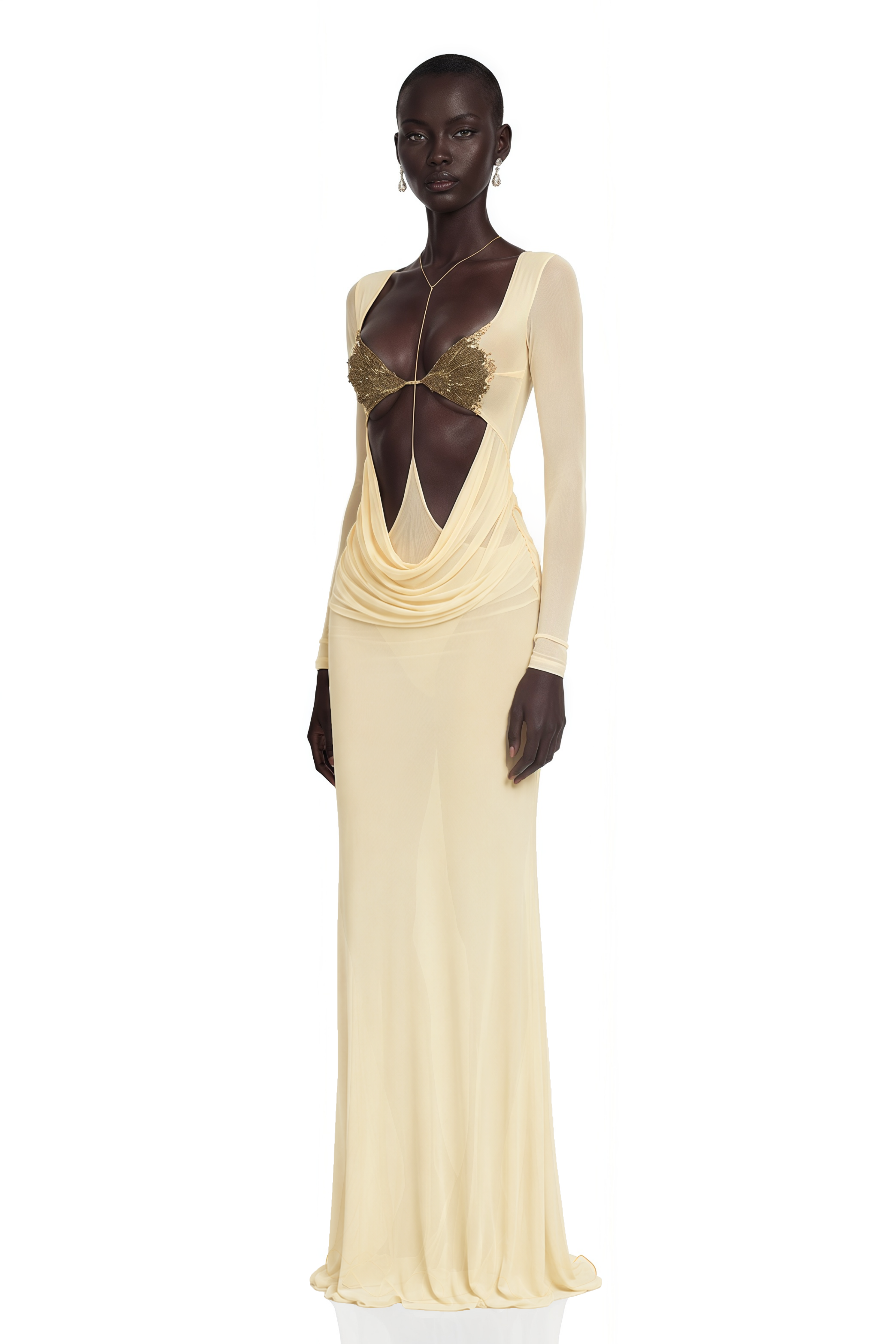Cressida Yellow Cut-Out Semi-Sheer Fishtail Maxi Dress