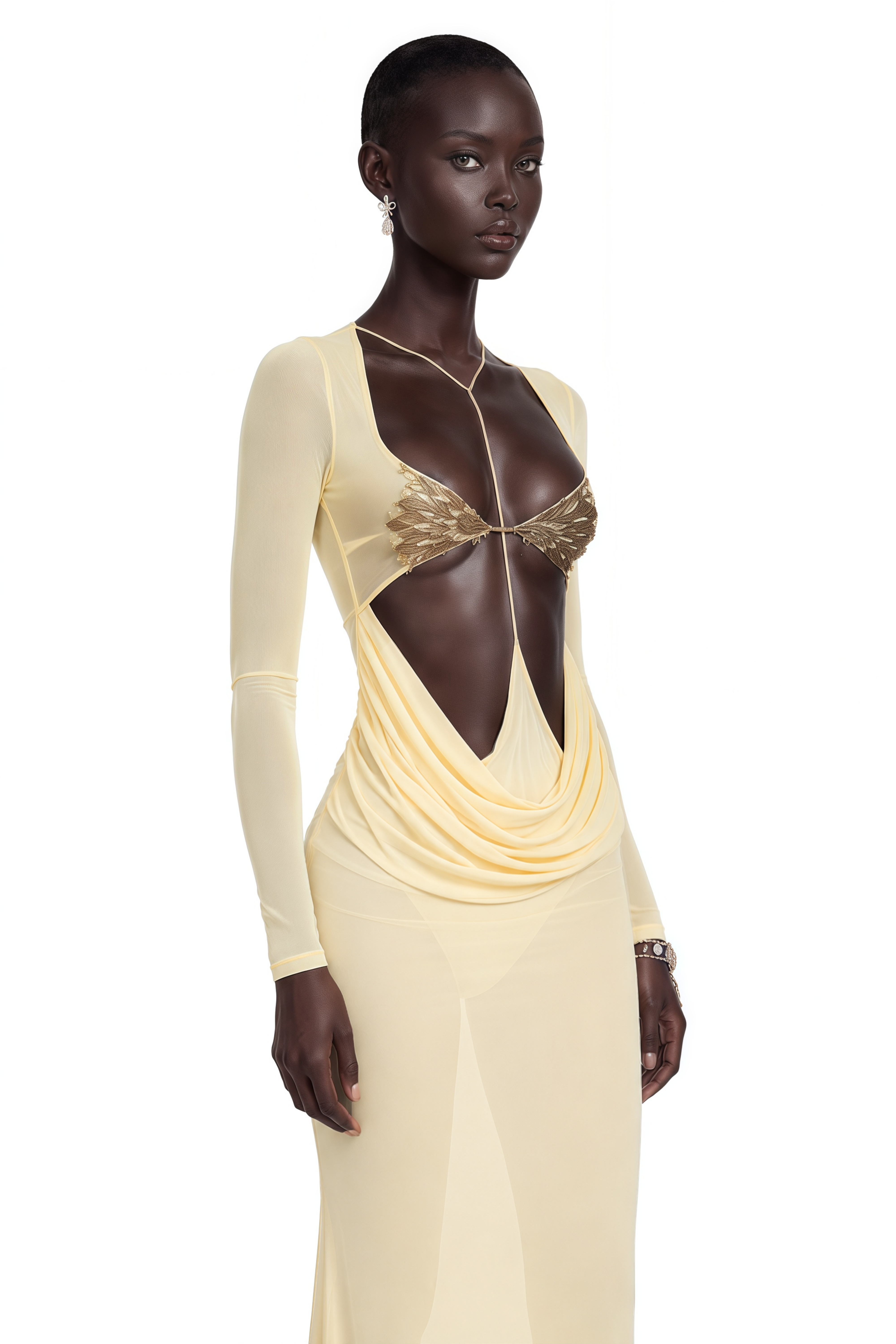 Cressida Yellow Cut-Out Semi-Sheer Fishtail Maxi Dress