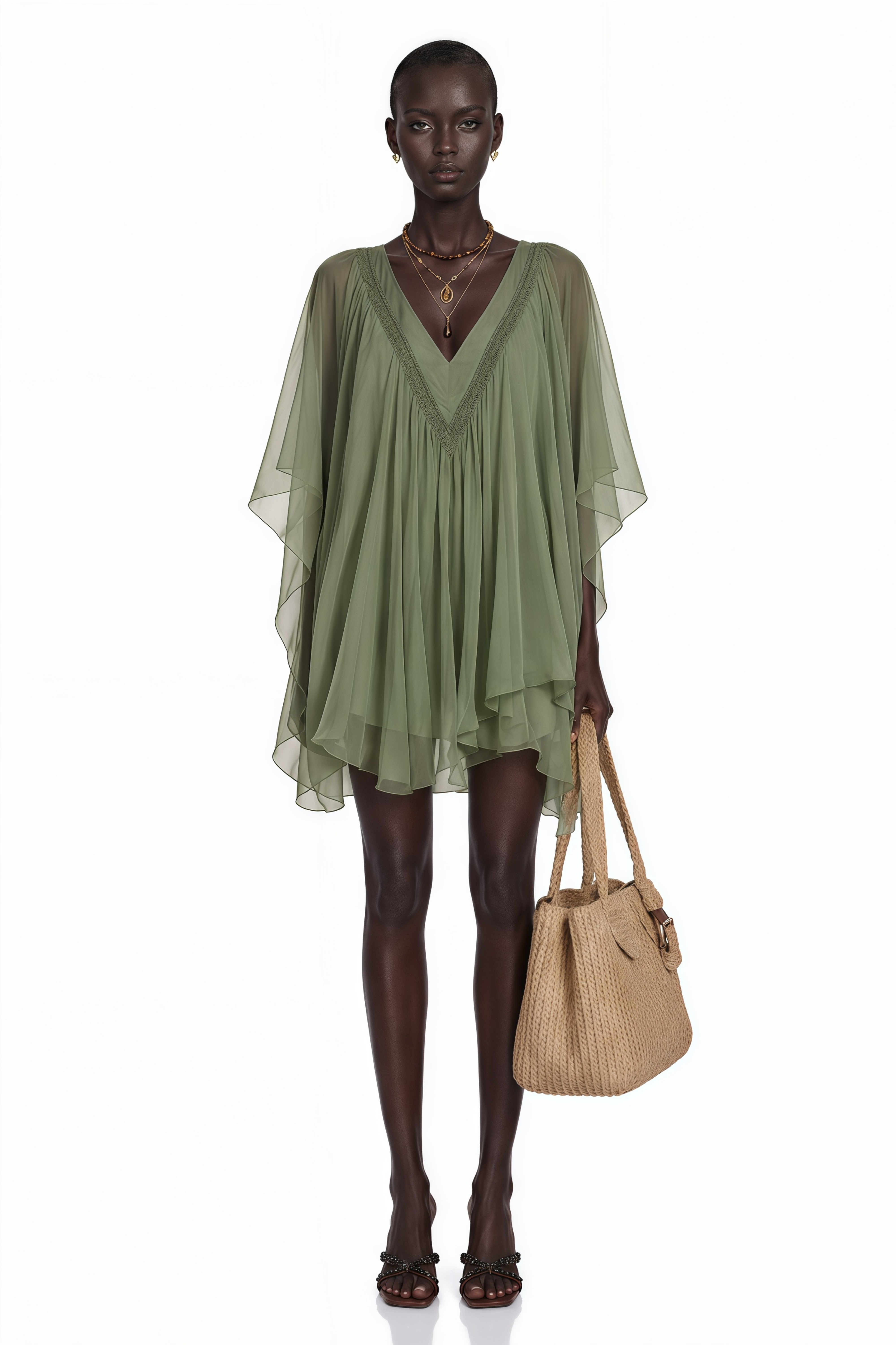 Cyrielle Emerald Green Chiffon Cape Mini Dress