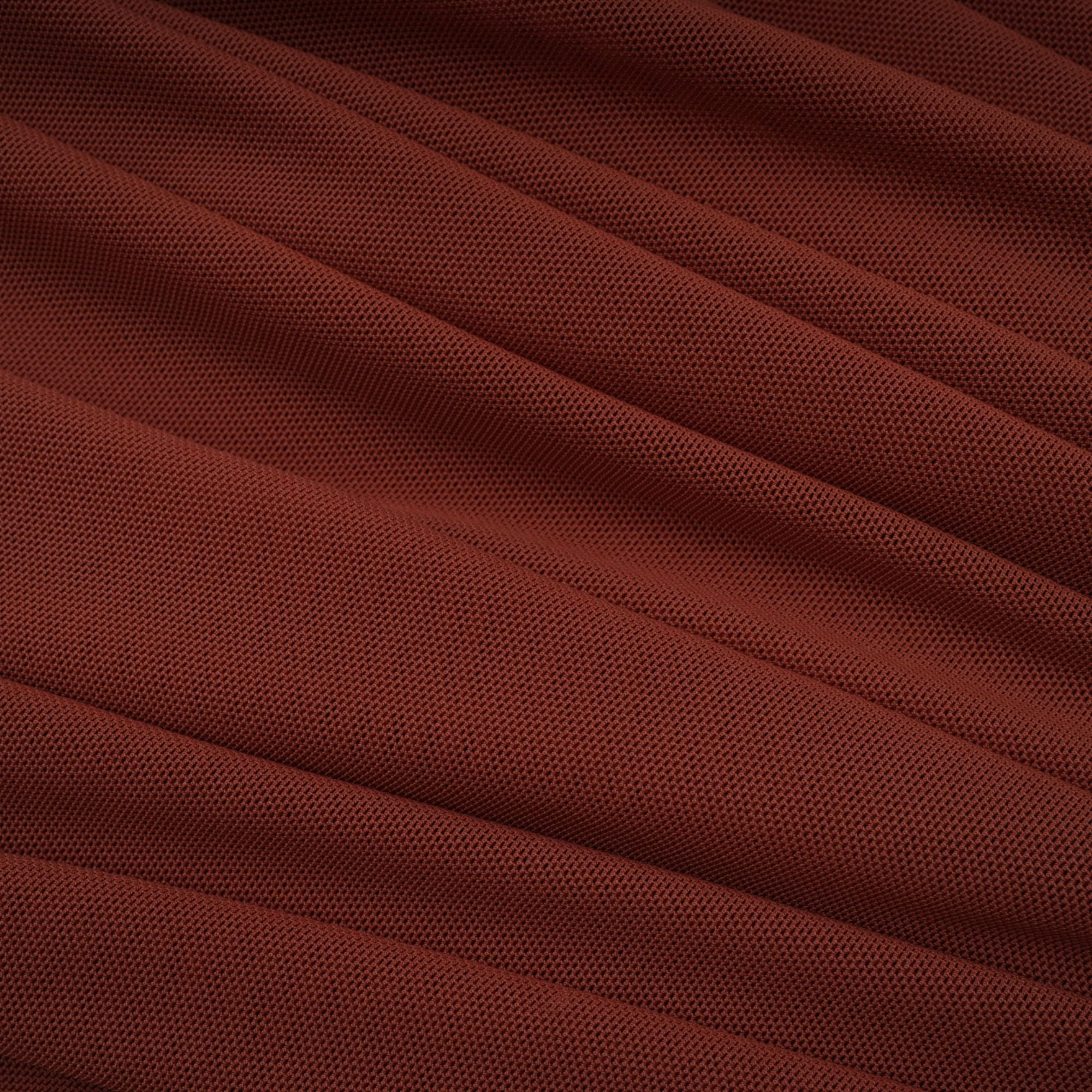 Rust-colored long-sleeve maxi dress with a draped cowl neckline and pleated bodice