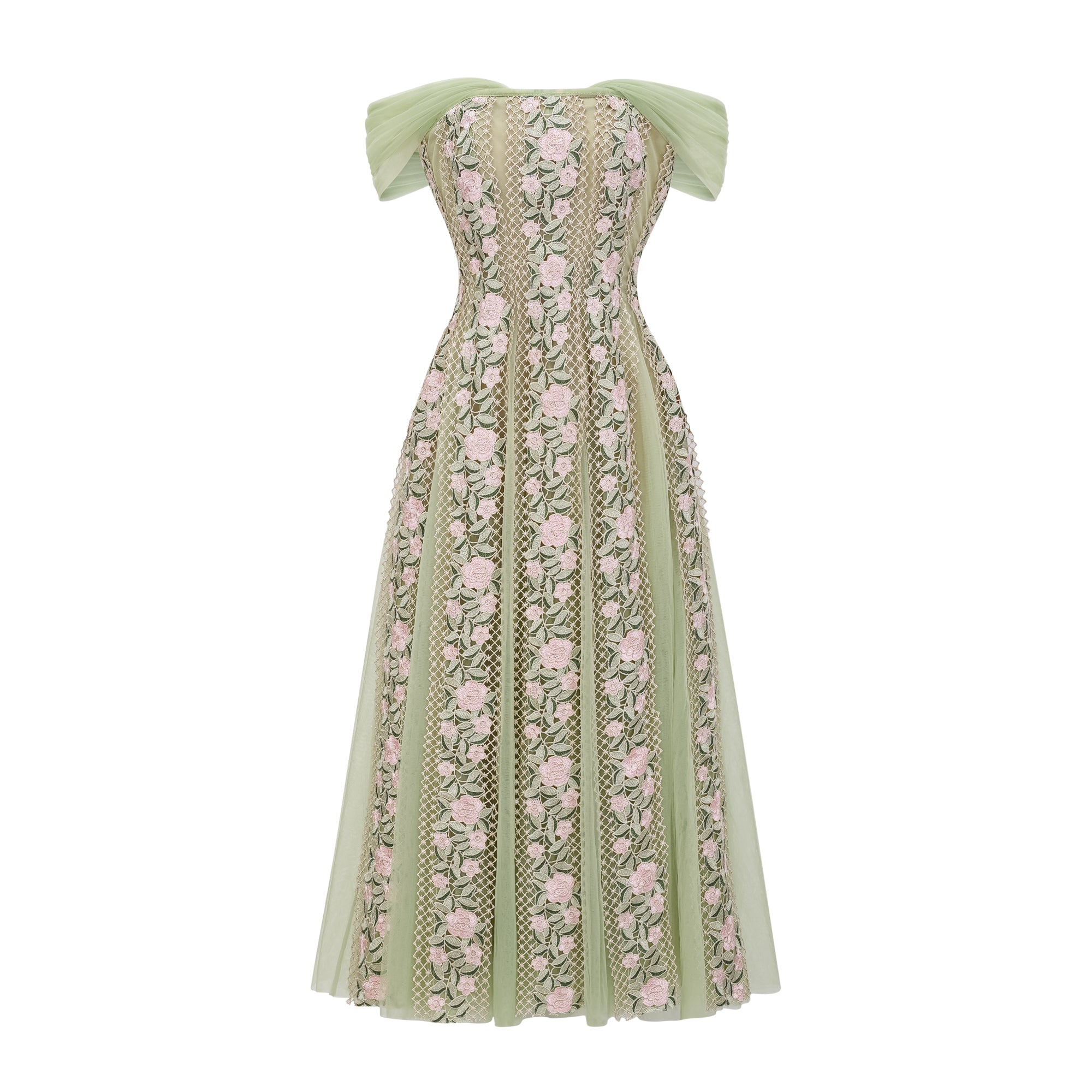 Eleni Green Tulle Panel Floral Midi Dress (Final Sale-US Only)