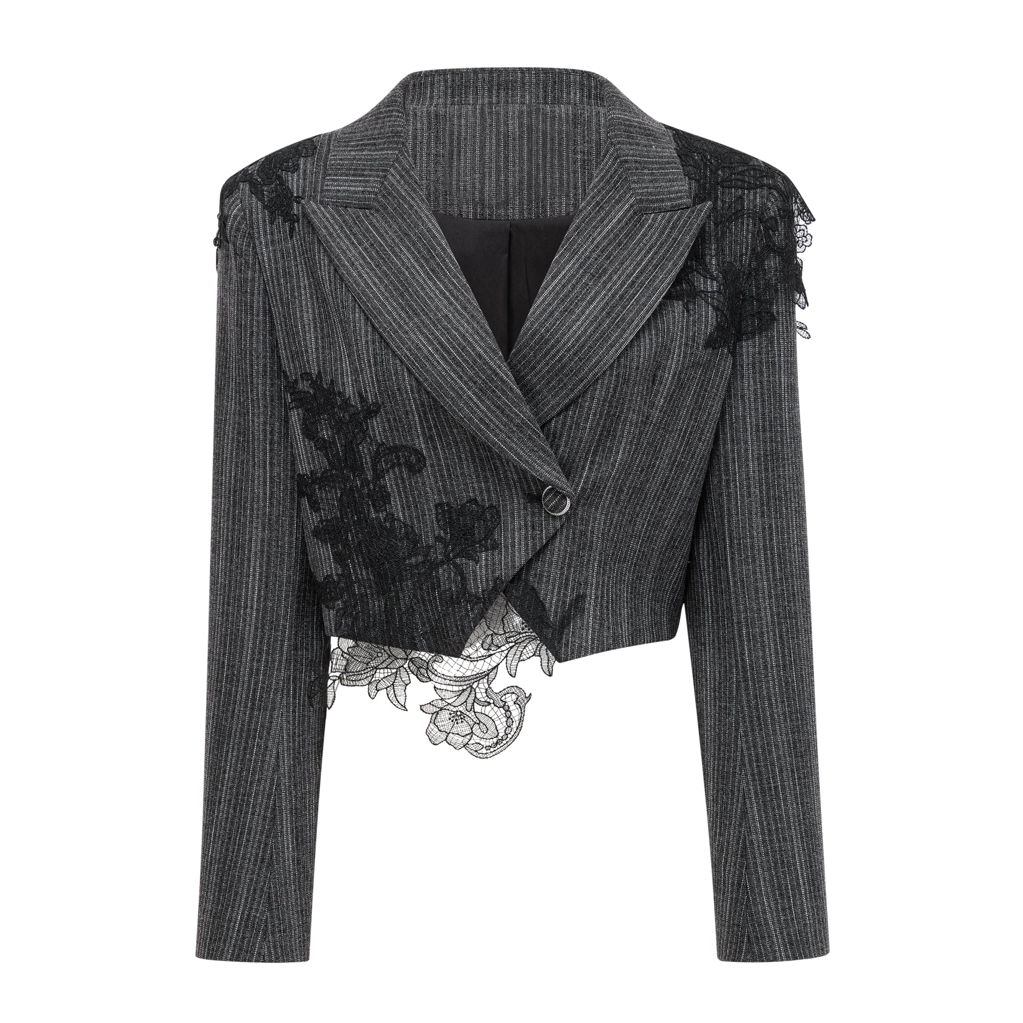 Sidonie Grey Floral Appliqué Striped Blazer & Skirt Set (Final Sale)