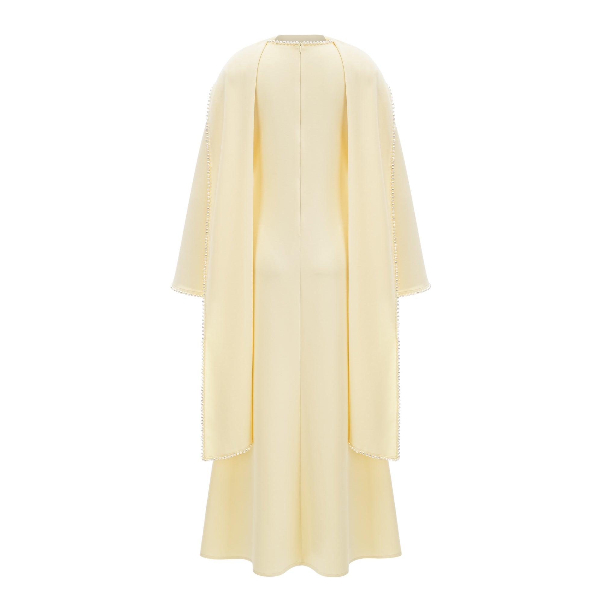 Light yellow long-sleeve maxi dress with a matching beaded cape overlay