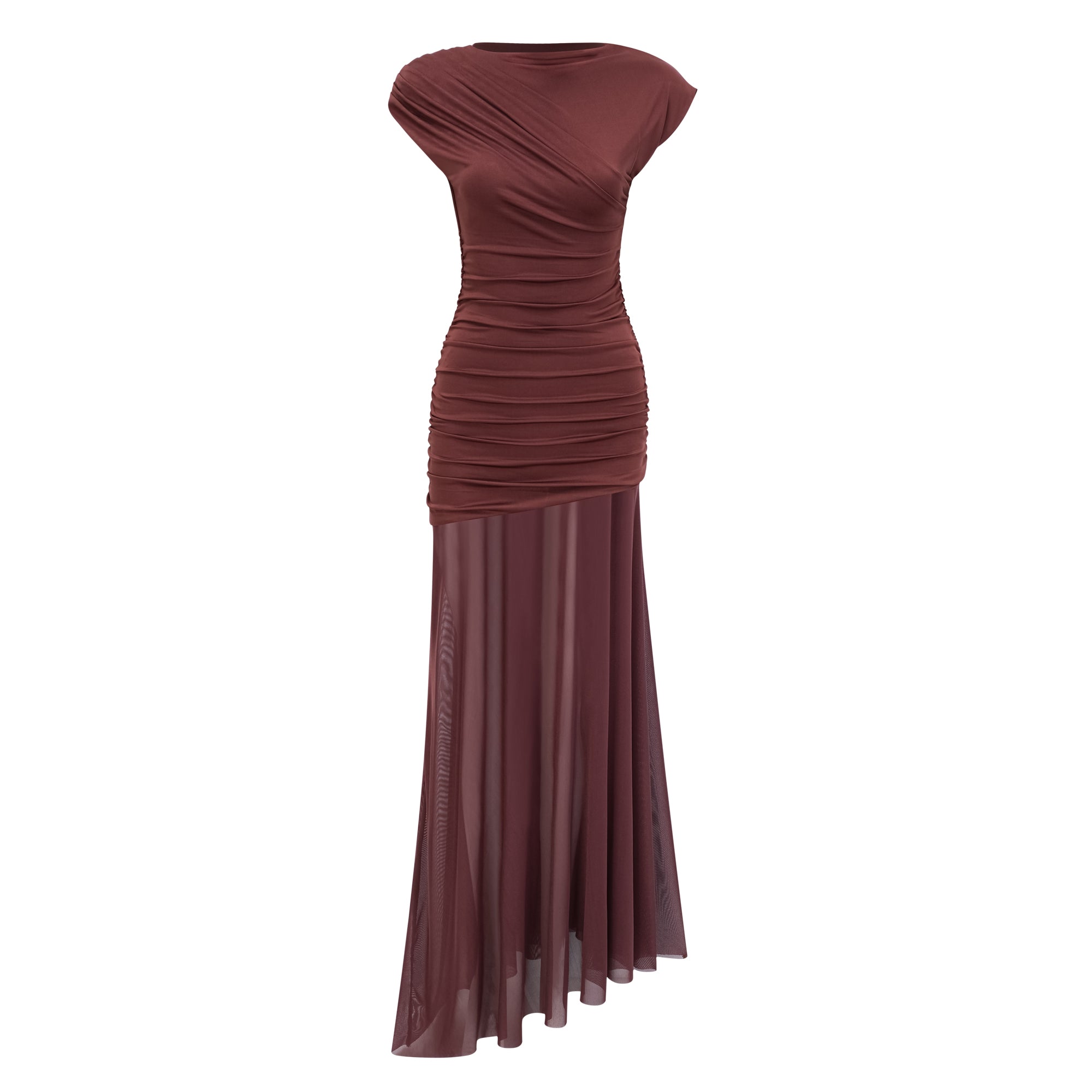 Seren Brown Ruched Tulle Panel Maxi Dress (Final Sale)