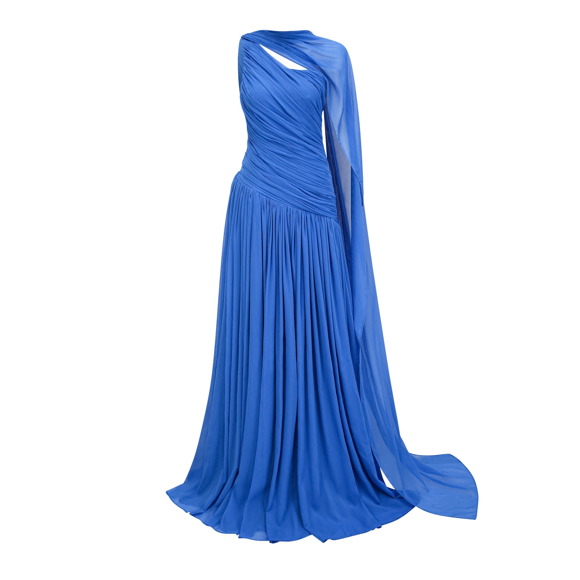 Faustine Blue Cape Design Ruched Maxi Dress (Final Sale)