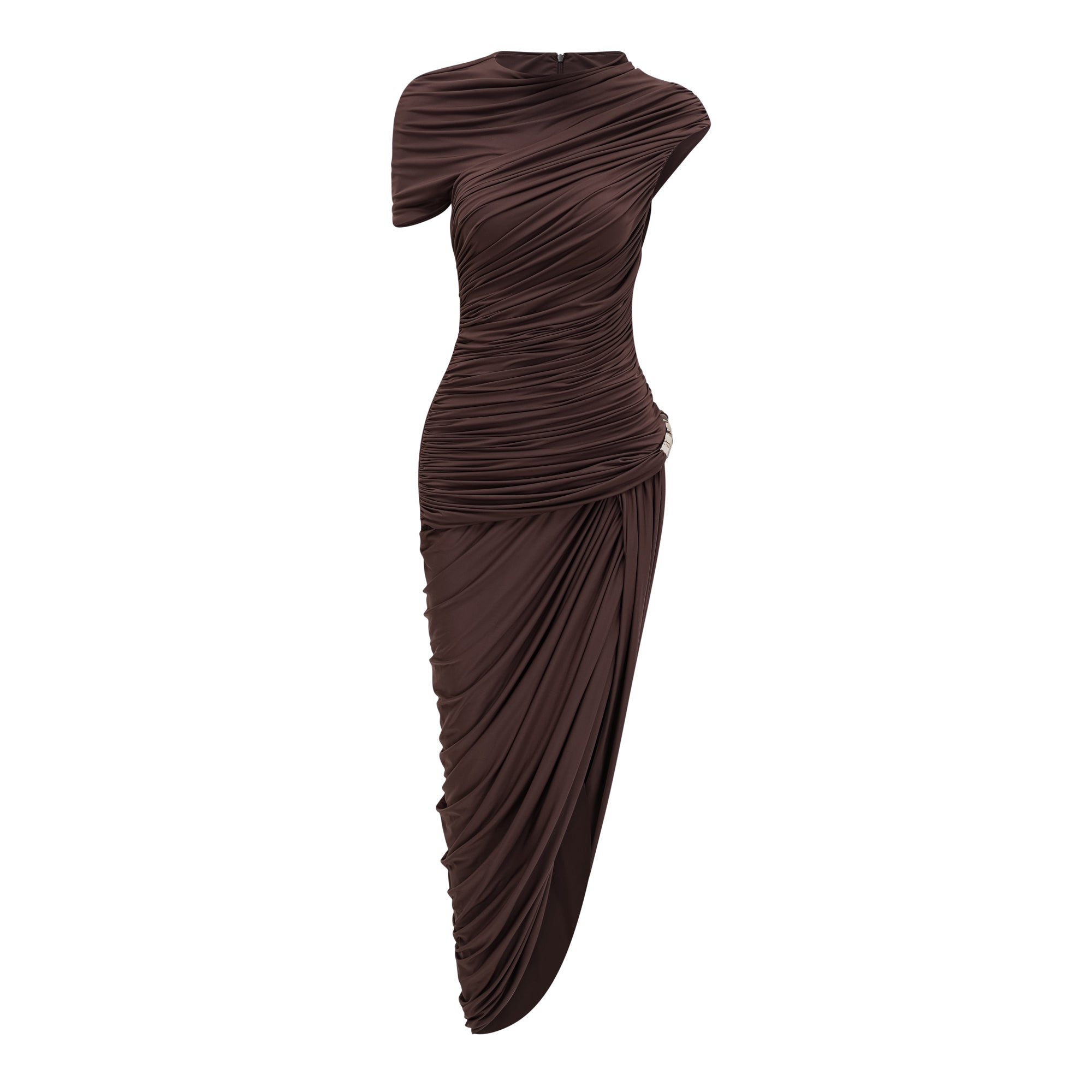 Prune Brown Night Out Asymmetrical Ruched Midi Dress (Final Sale)