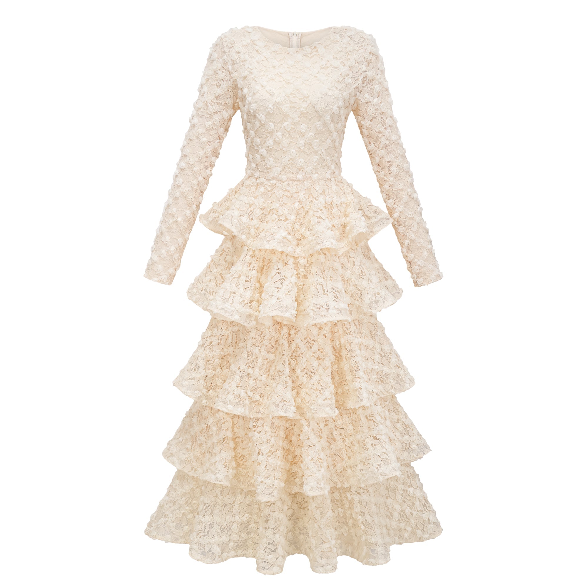 Halla Neutral Tiered Floral Lace Maxi Dress (Final Sale)