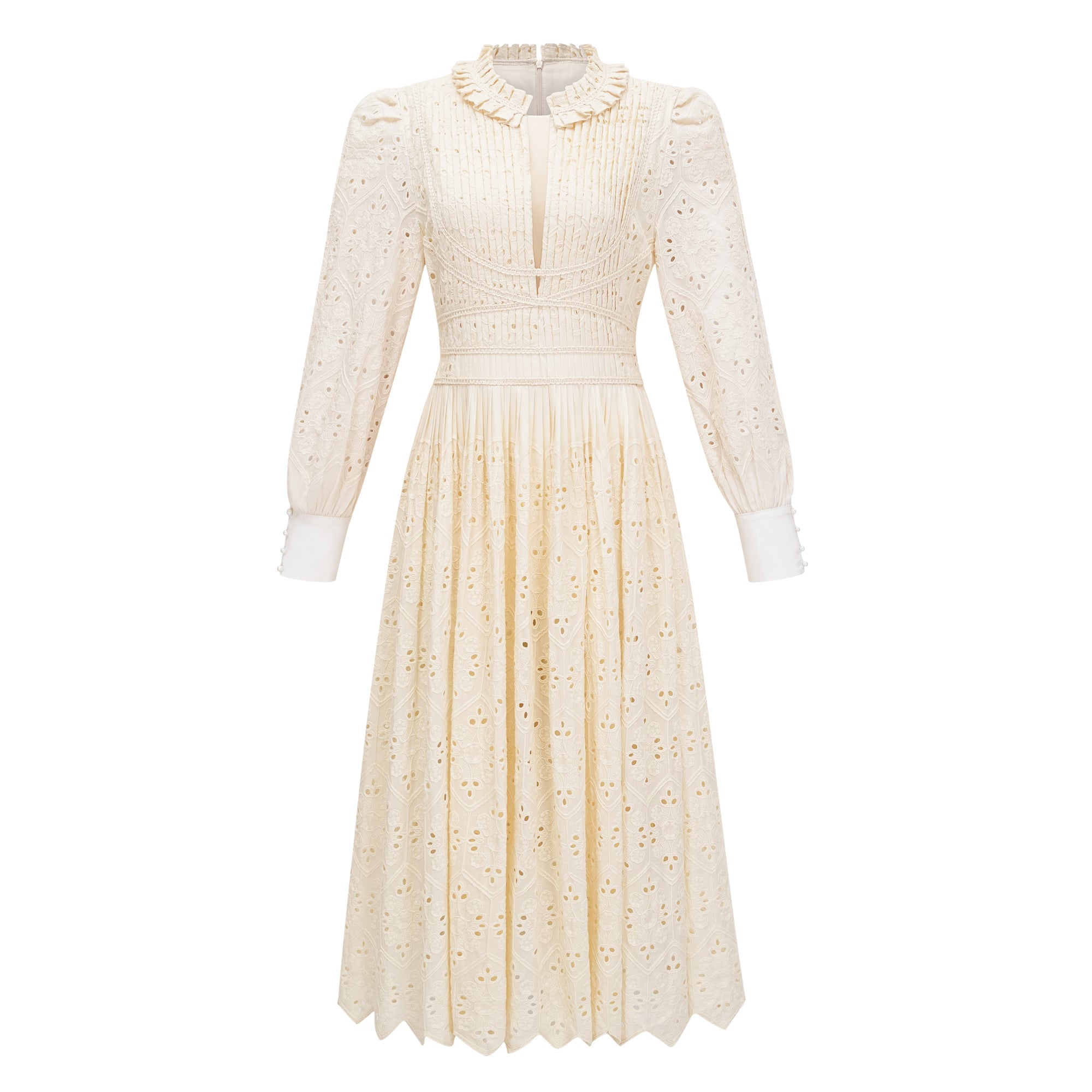 Isabeau Neutral Floral Embroidered Pleated Midi Dress (Final Sale-US Only)