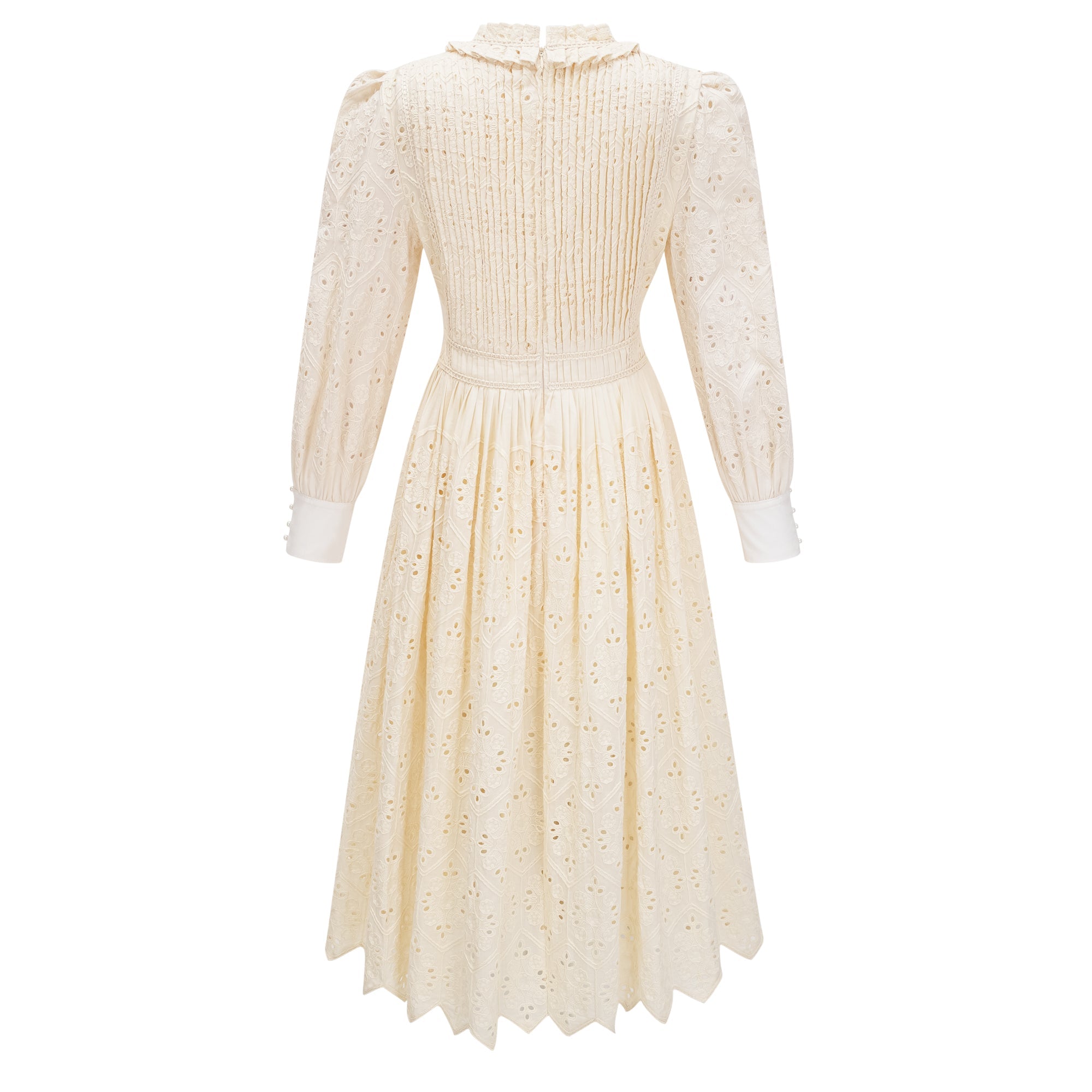 Isabeau Neutral Floral Embroidered Pleated Midi Dress (Final Sale)