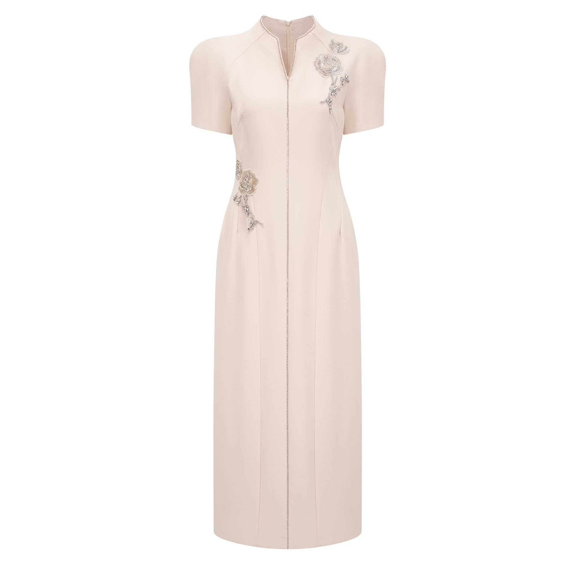 Quintella Neutral Floral Crystal Midi Dress (Final Sale-US Only)