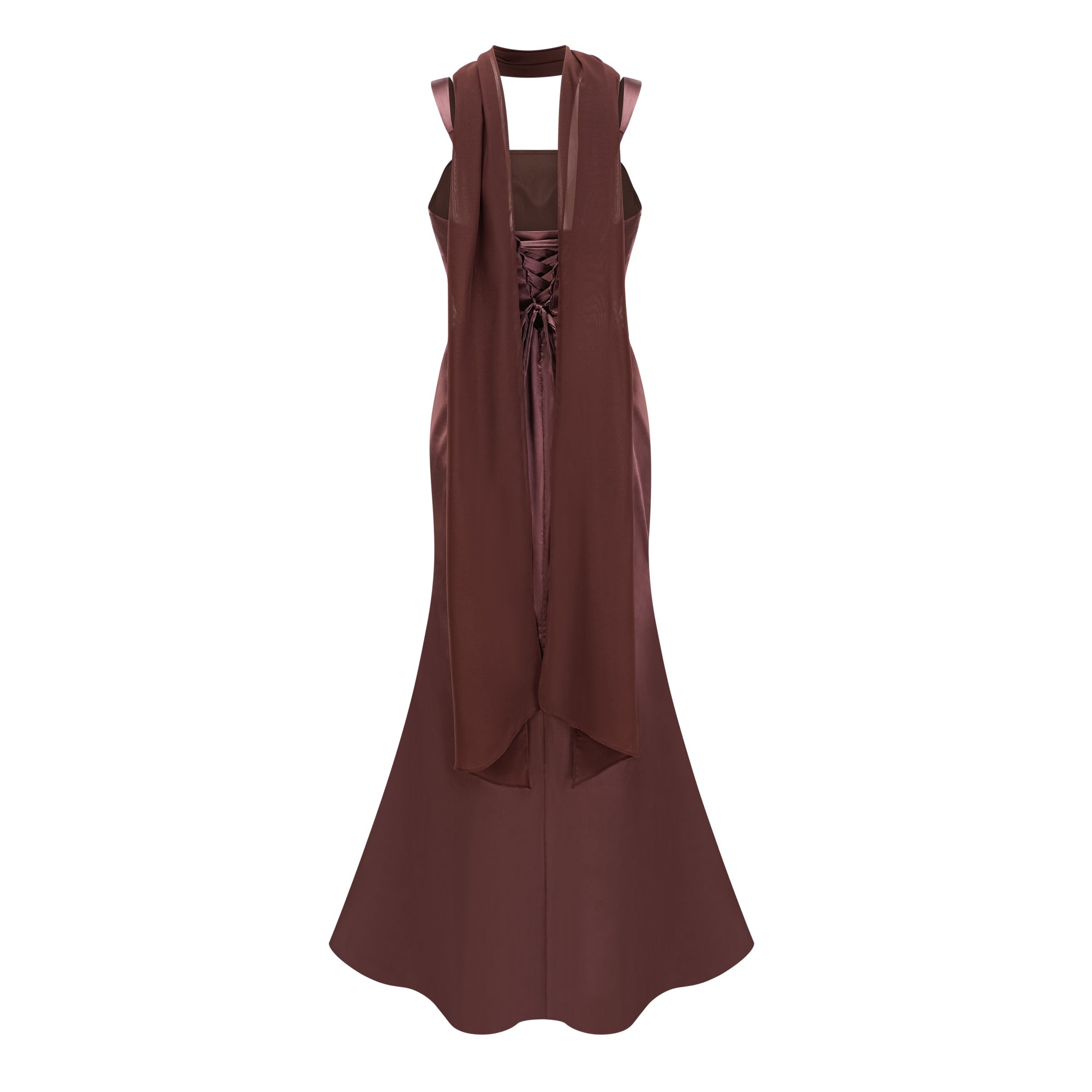 Inmaculada Brown Ruched Satin Maxi Dress (Without Gloves) (Final Sale-US Only)