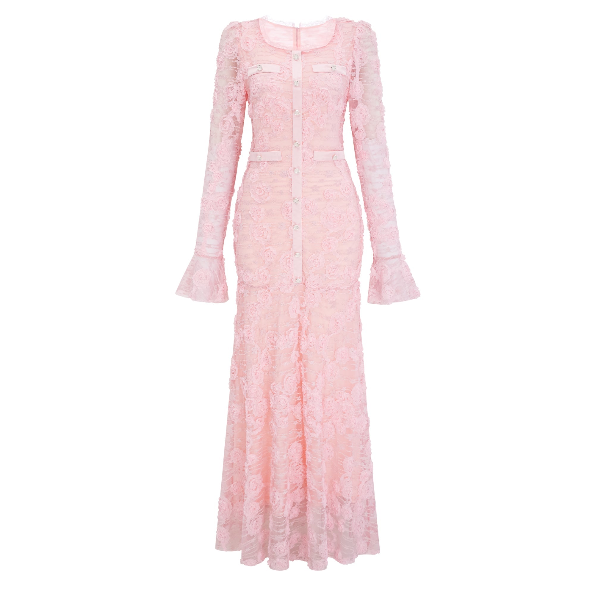 Branwen Pink 3D-Floral Embroidered Lace Maxi Dress (Final Sale-US Only)
