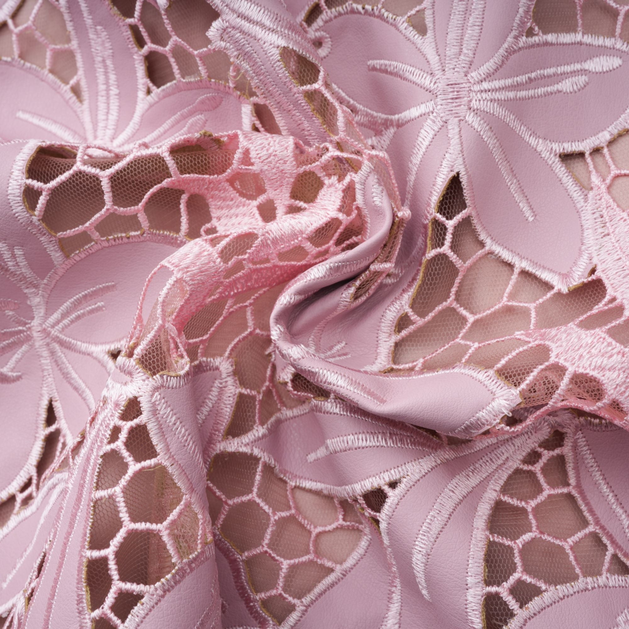 Pink floral laser-cut midi dress with short sleeves and a high neckline