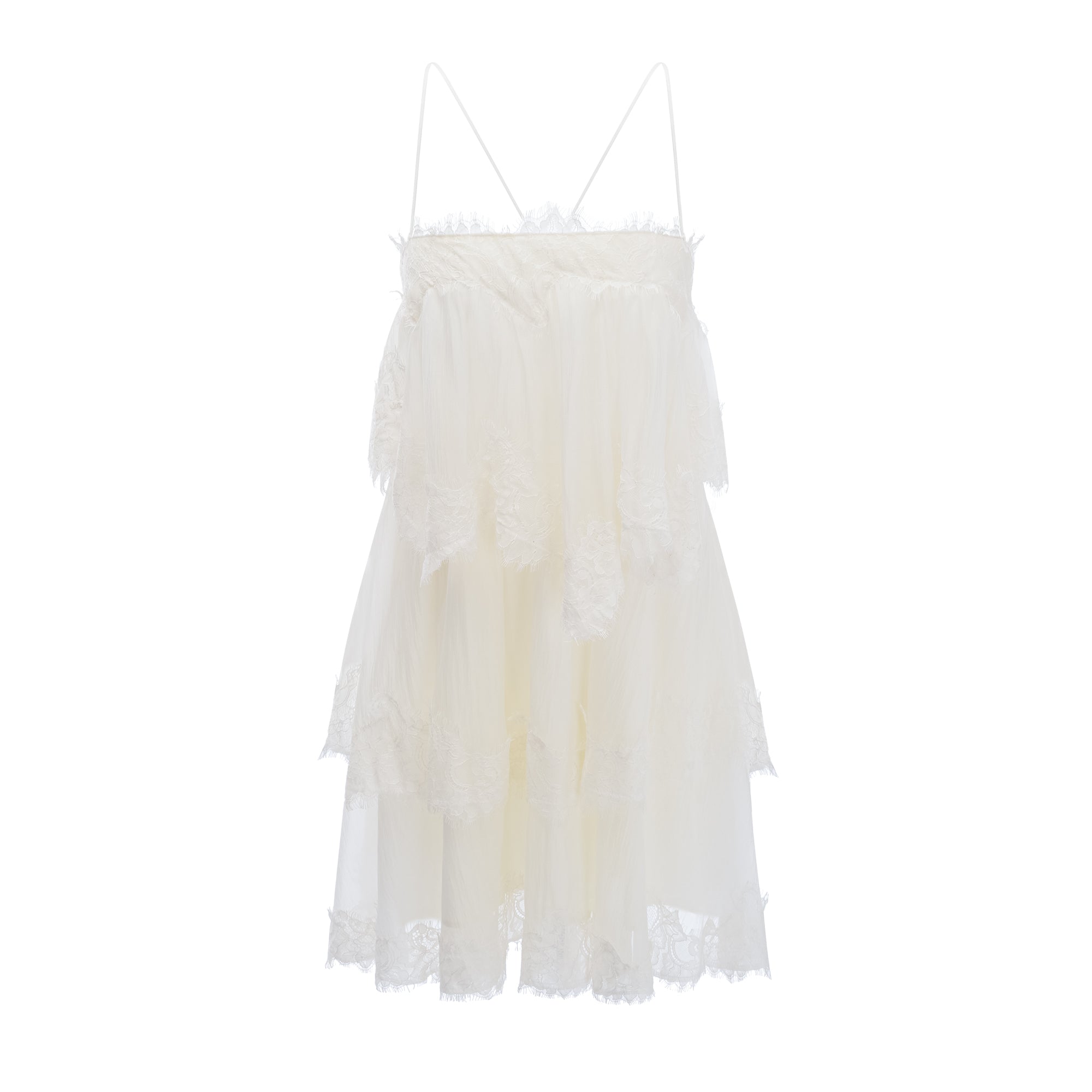 Beige tiered lace mini dress with spaghetti straps
