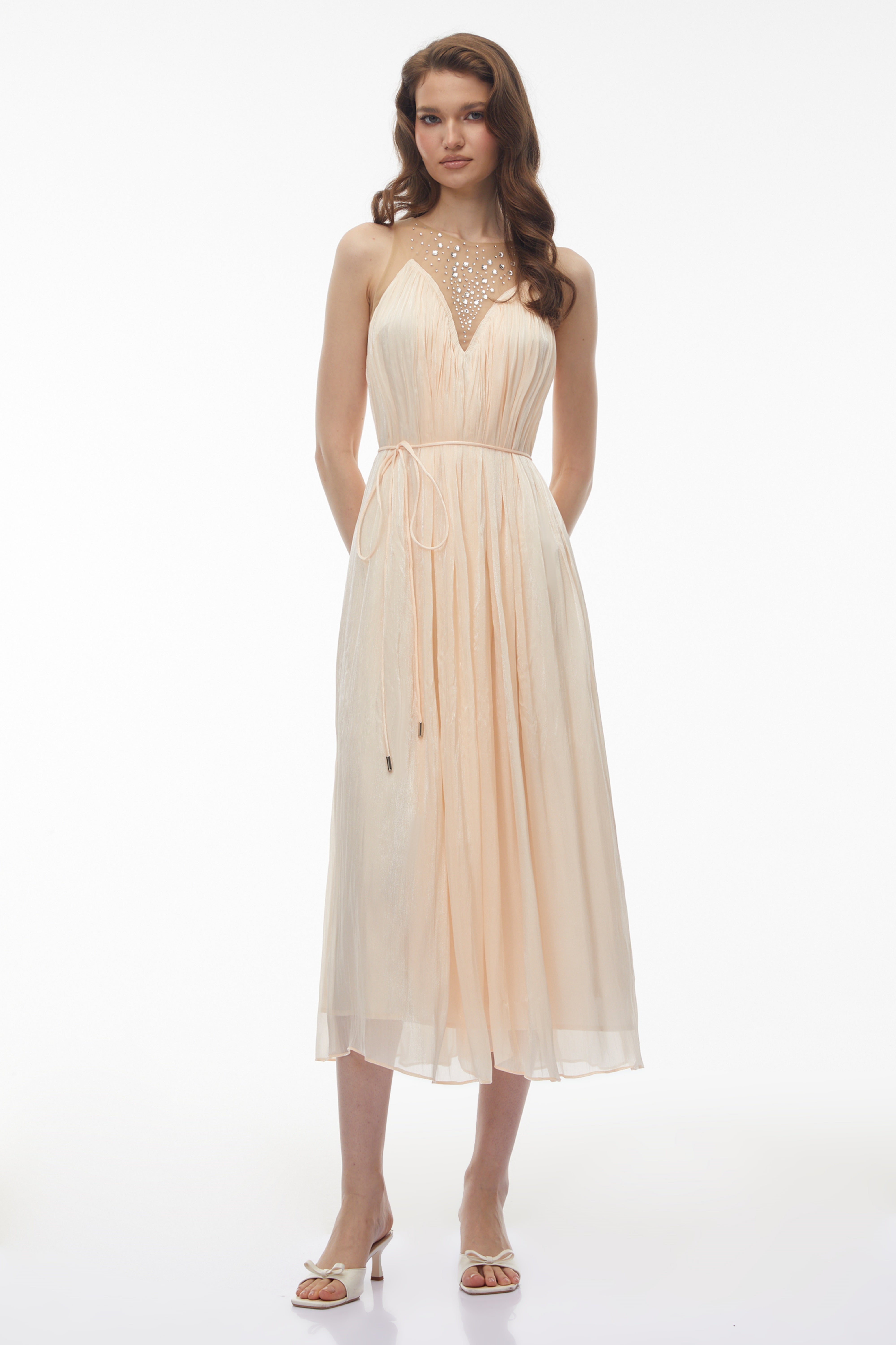 Deirdre Pink Embellishment Ruched Midi Dress (Final Sale)