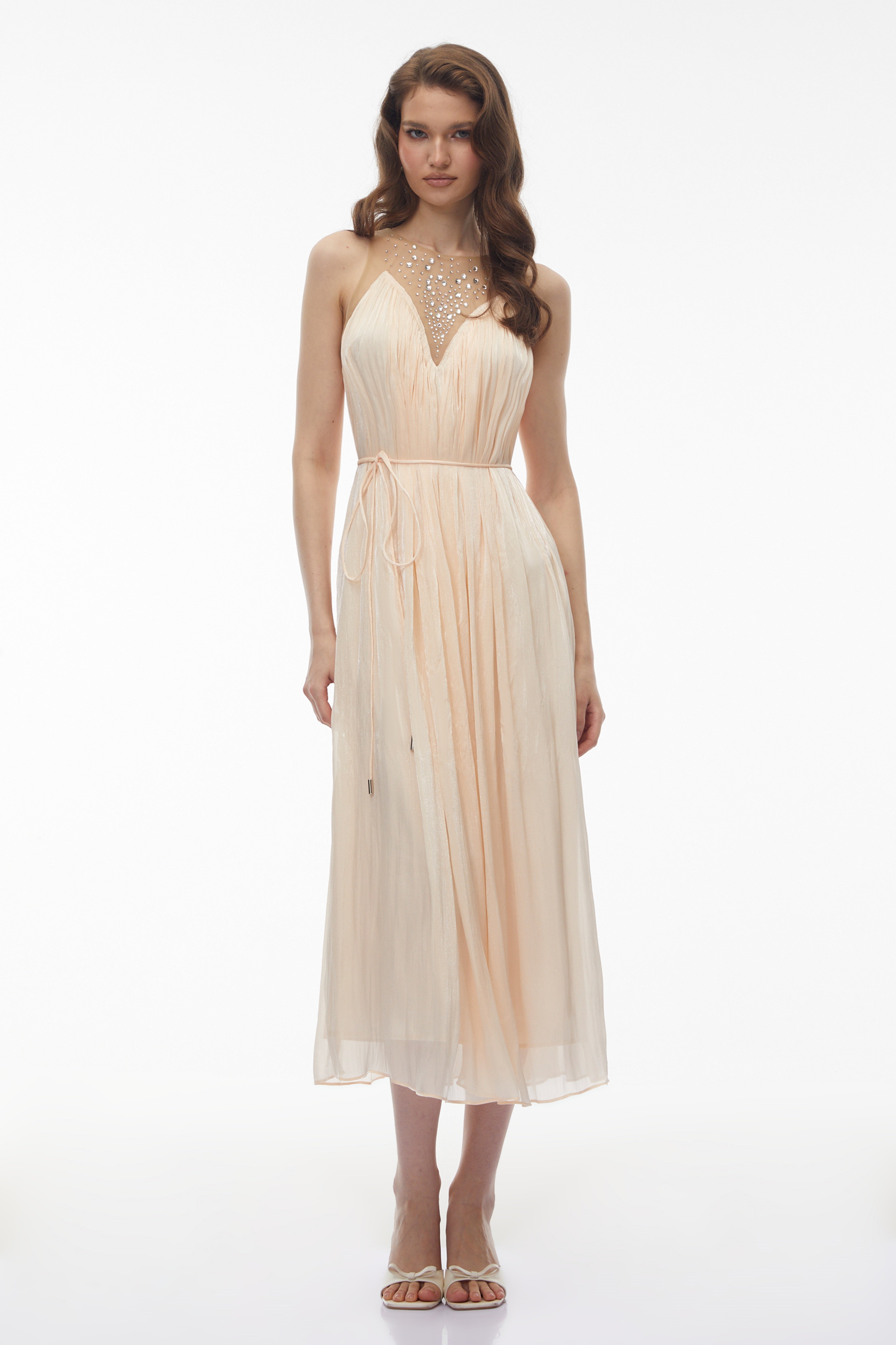 Deirdre Pink Embellishment Ruched Midi Dress (Final Sale)