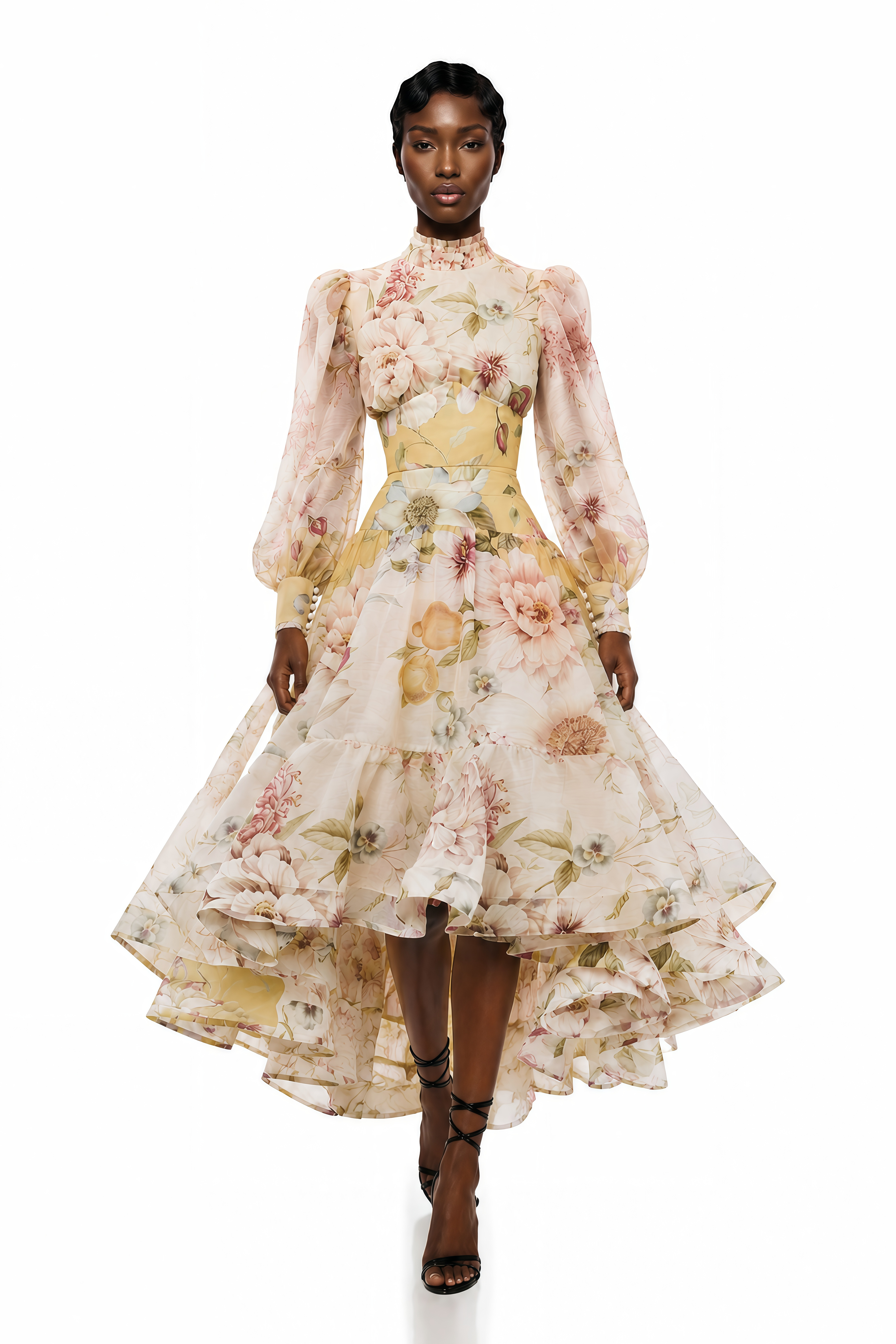 Floral print high-low midi dress with a high neck, long puff sleeves, and a tiered ruffled skirt