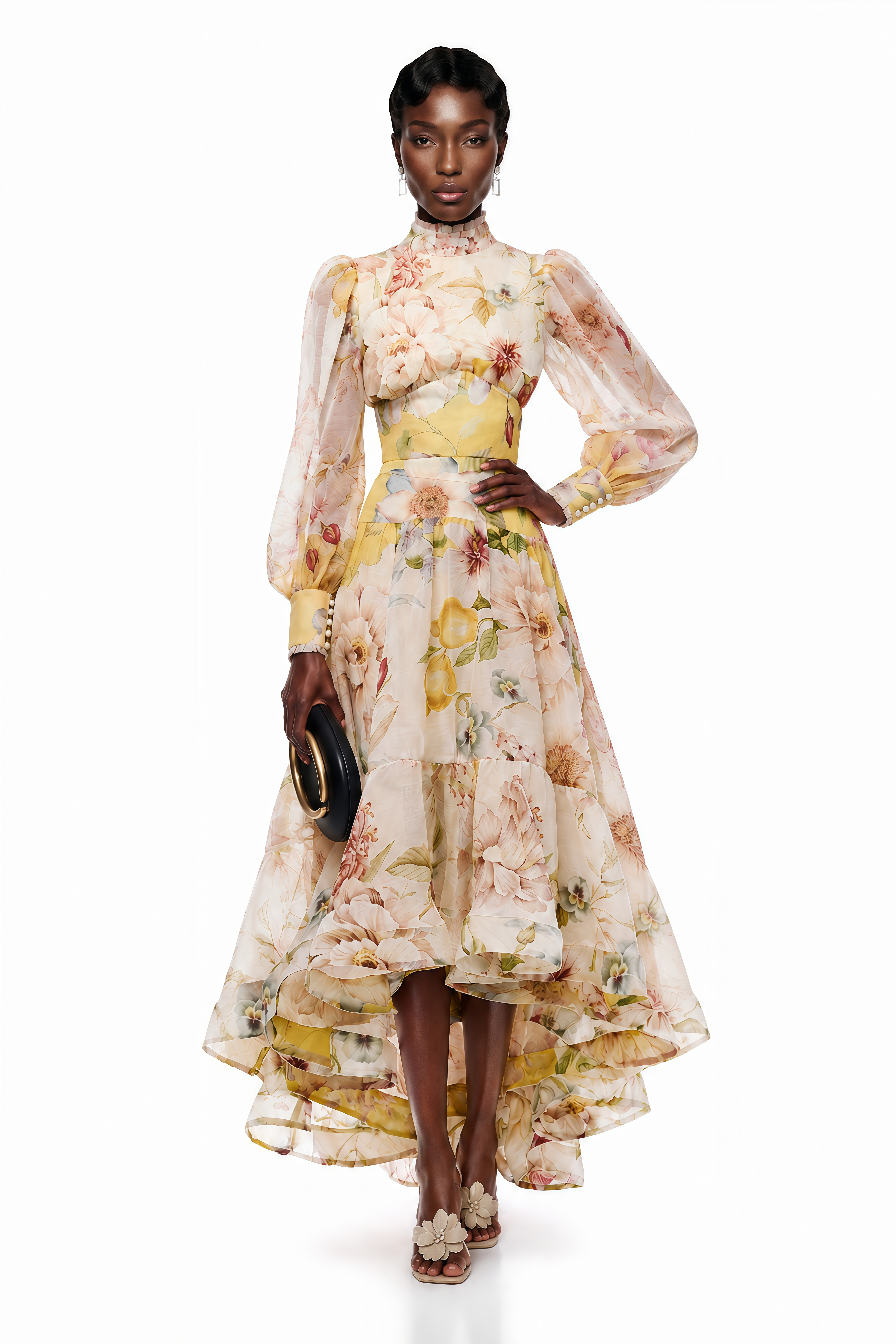 Floral print high-low midi dress with a high neck, long puff sleeves, and a tiered ruffled skirt