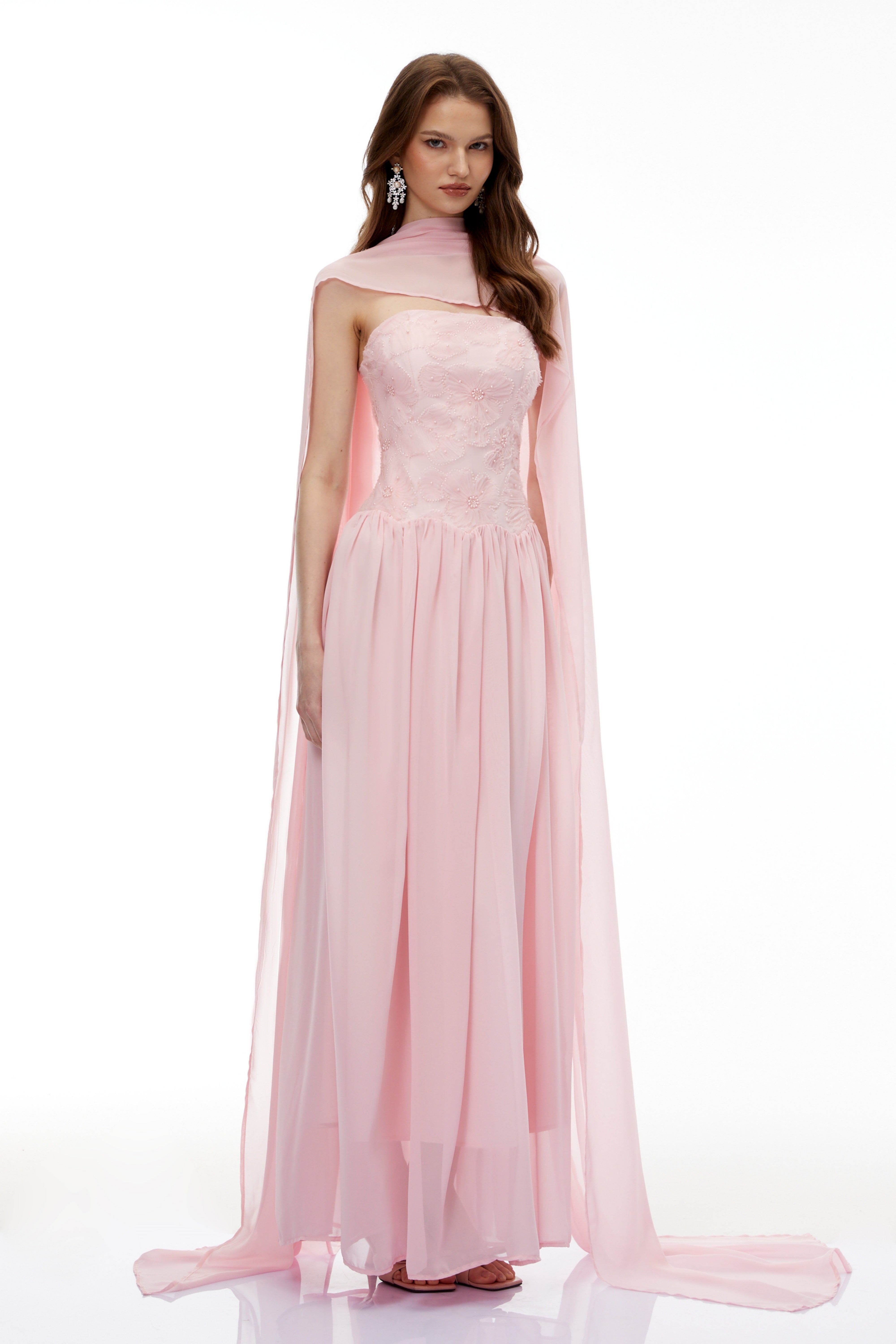 Dobromila Pink Floral Embroidered Pleated Maxi Dress (Final Sale-US Only)