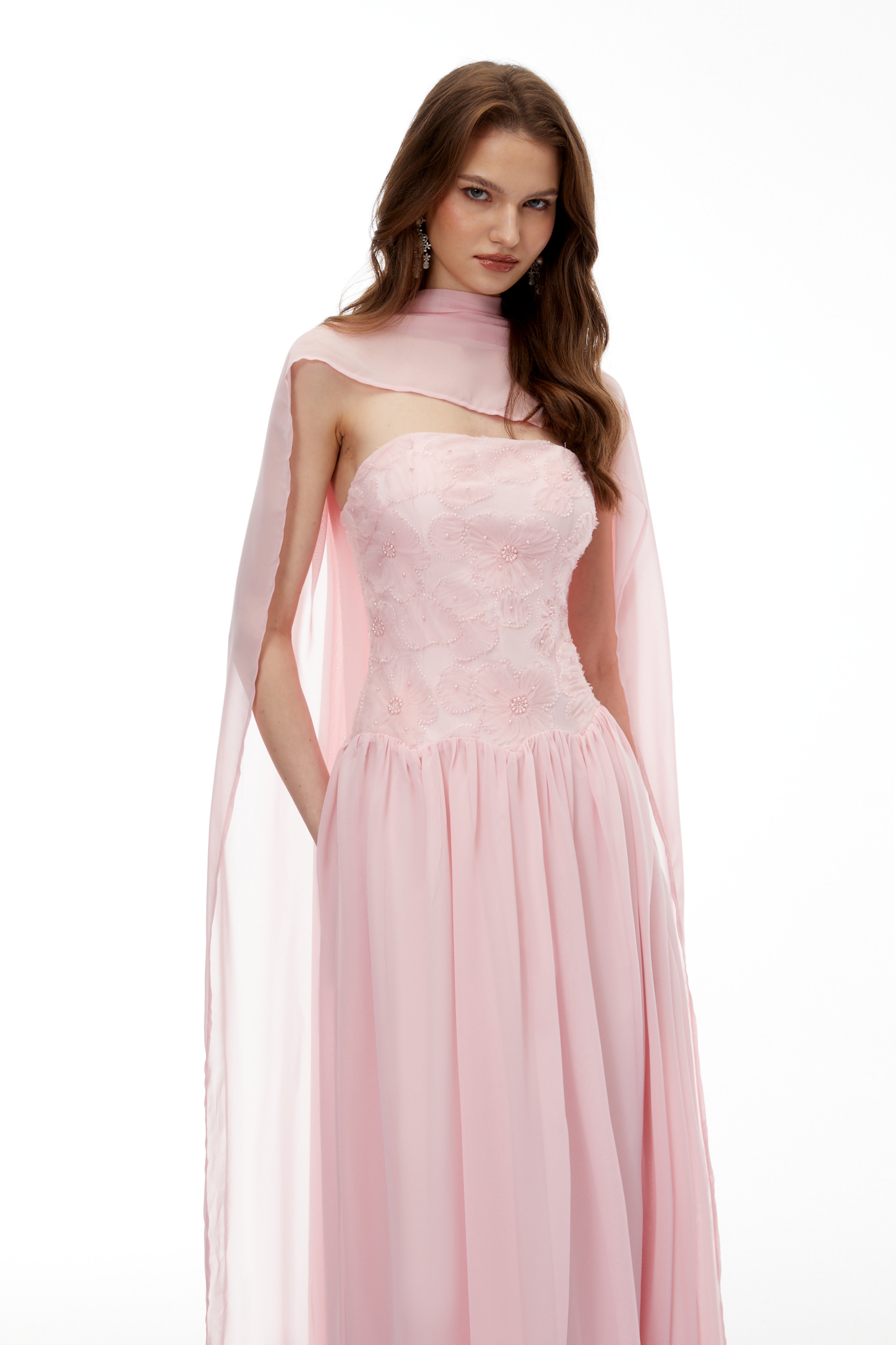 Dobromila Pink Floral Embroidered Pleated Maxi Dress (Final Sale-US Only)