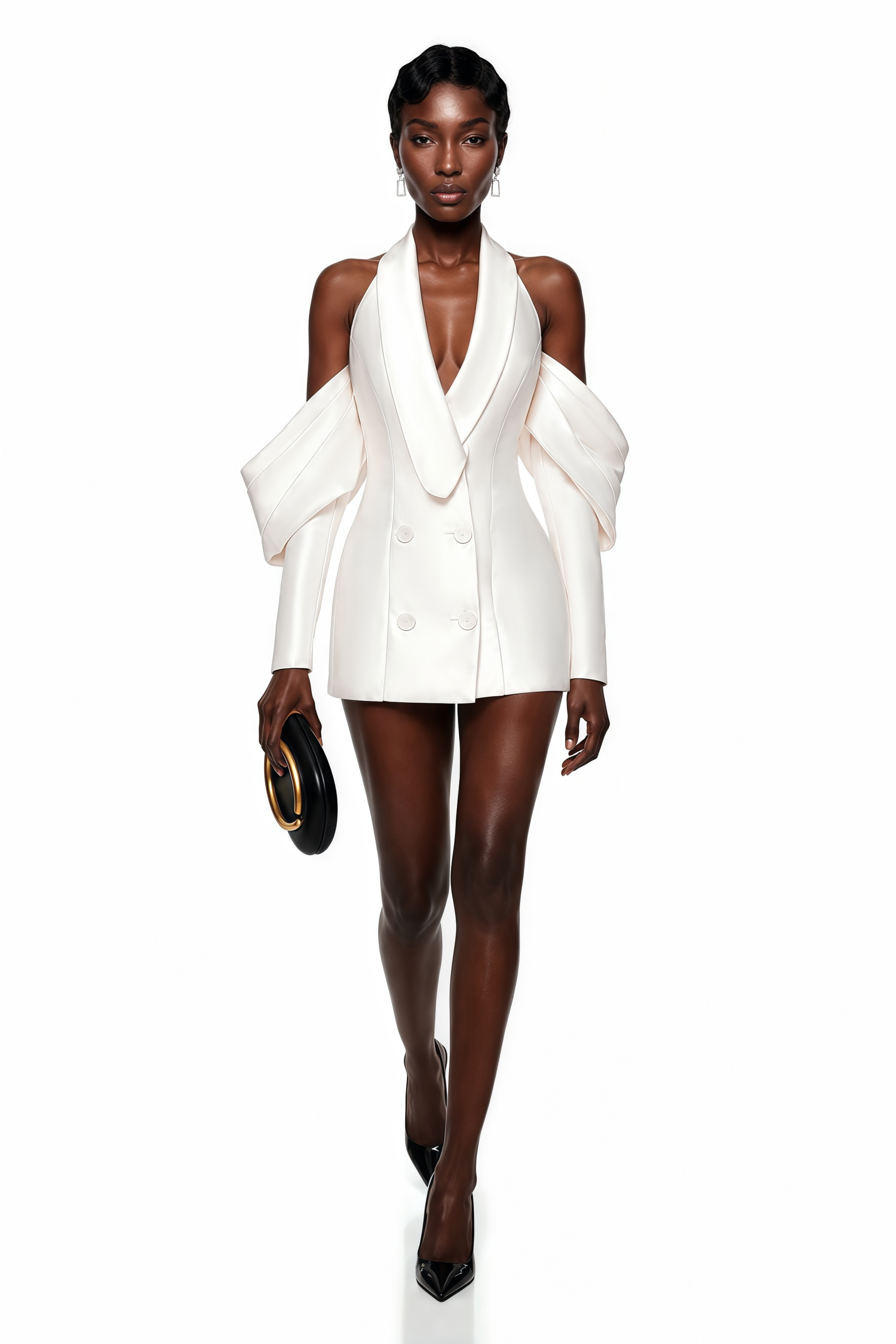 White satin halter mini blazer dress with a double-breasted front and detached off-the-shoulder statement sleeves