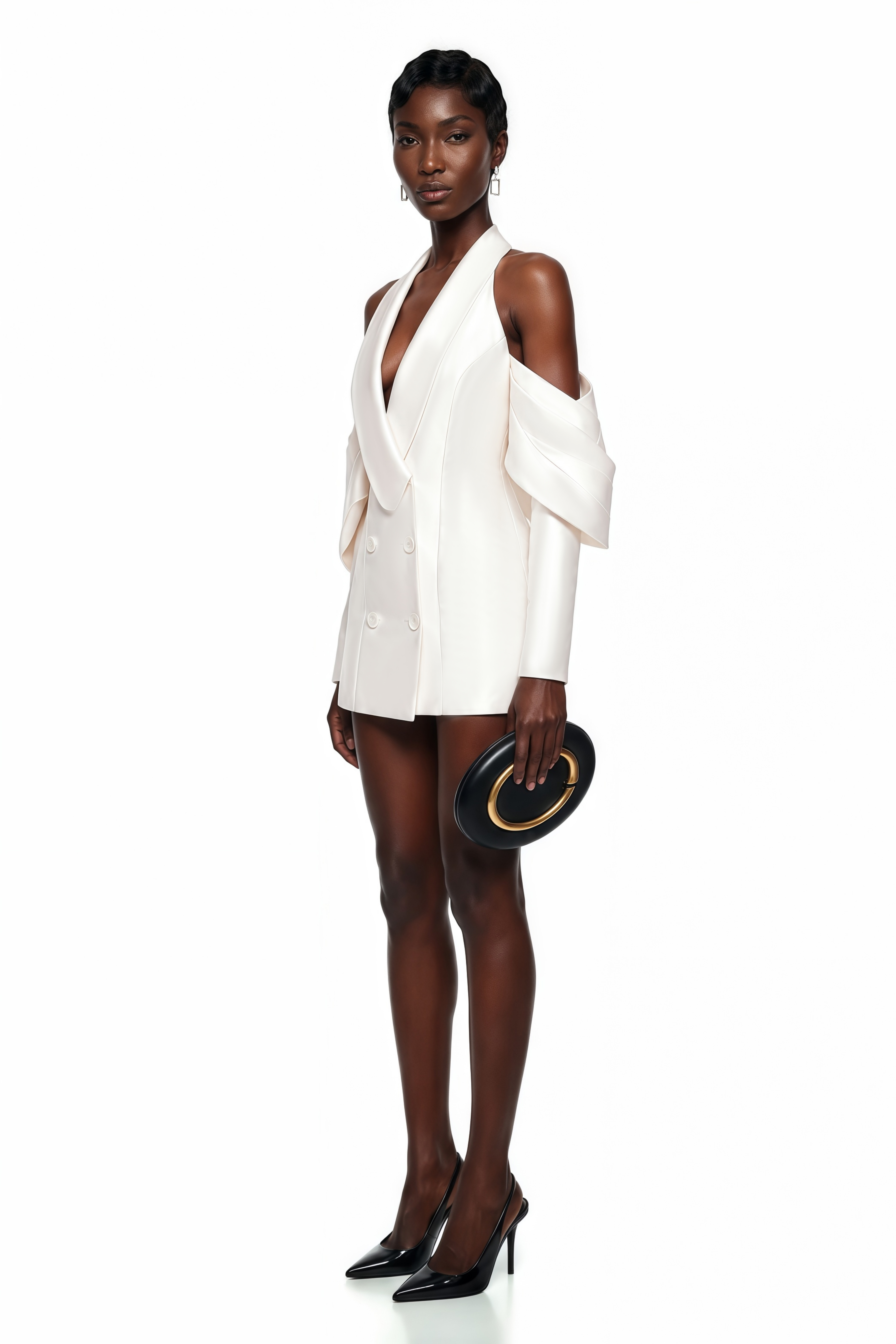 White satin halter mini blazer dress with a double-breasted front and detached off-the-shoulder statement sleeves