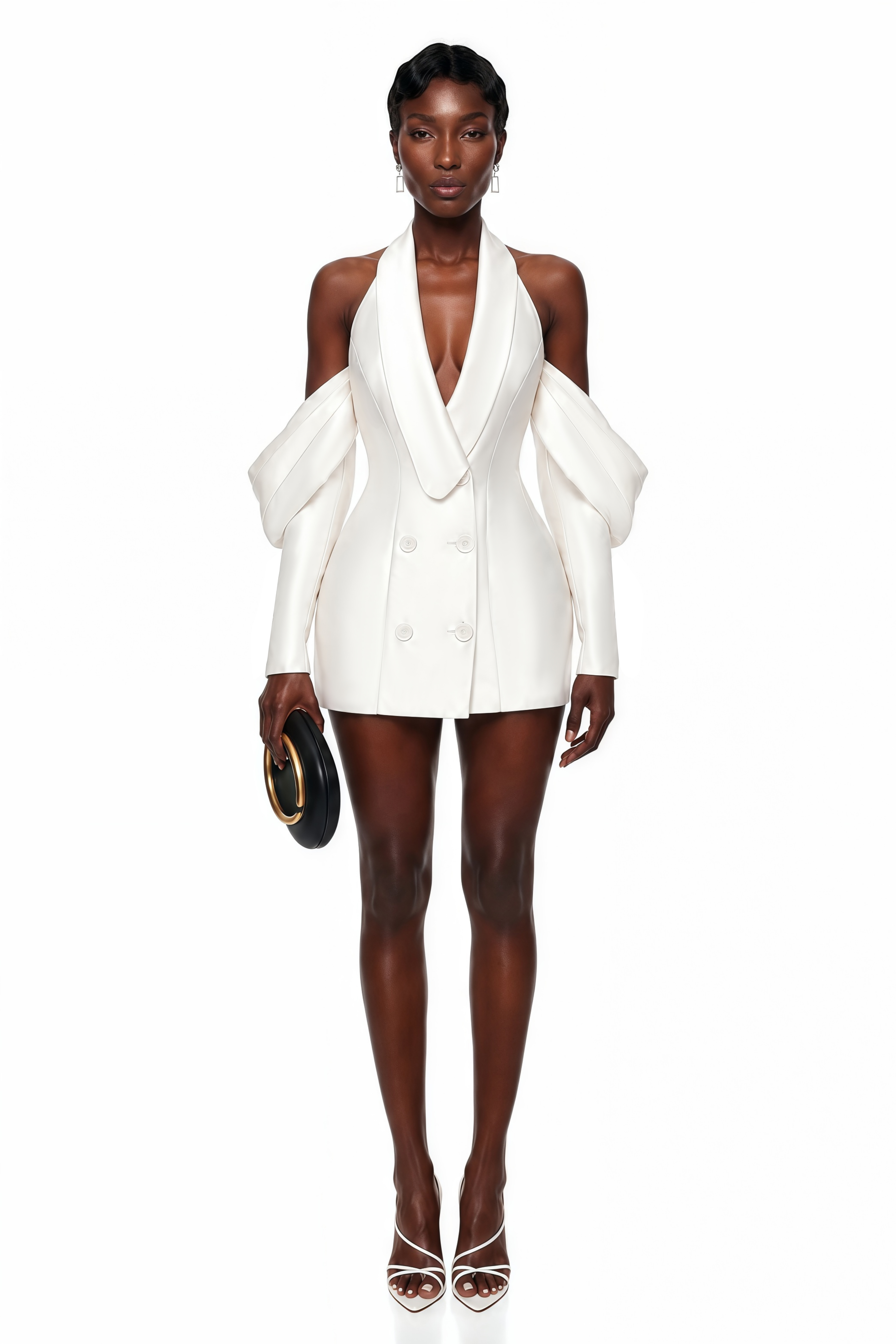 White satin halter mini blazer dress with a double-breasted front and detached off-the-shoulder statement sleeves