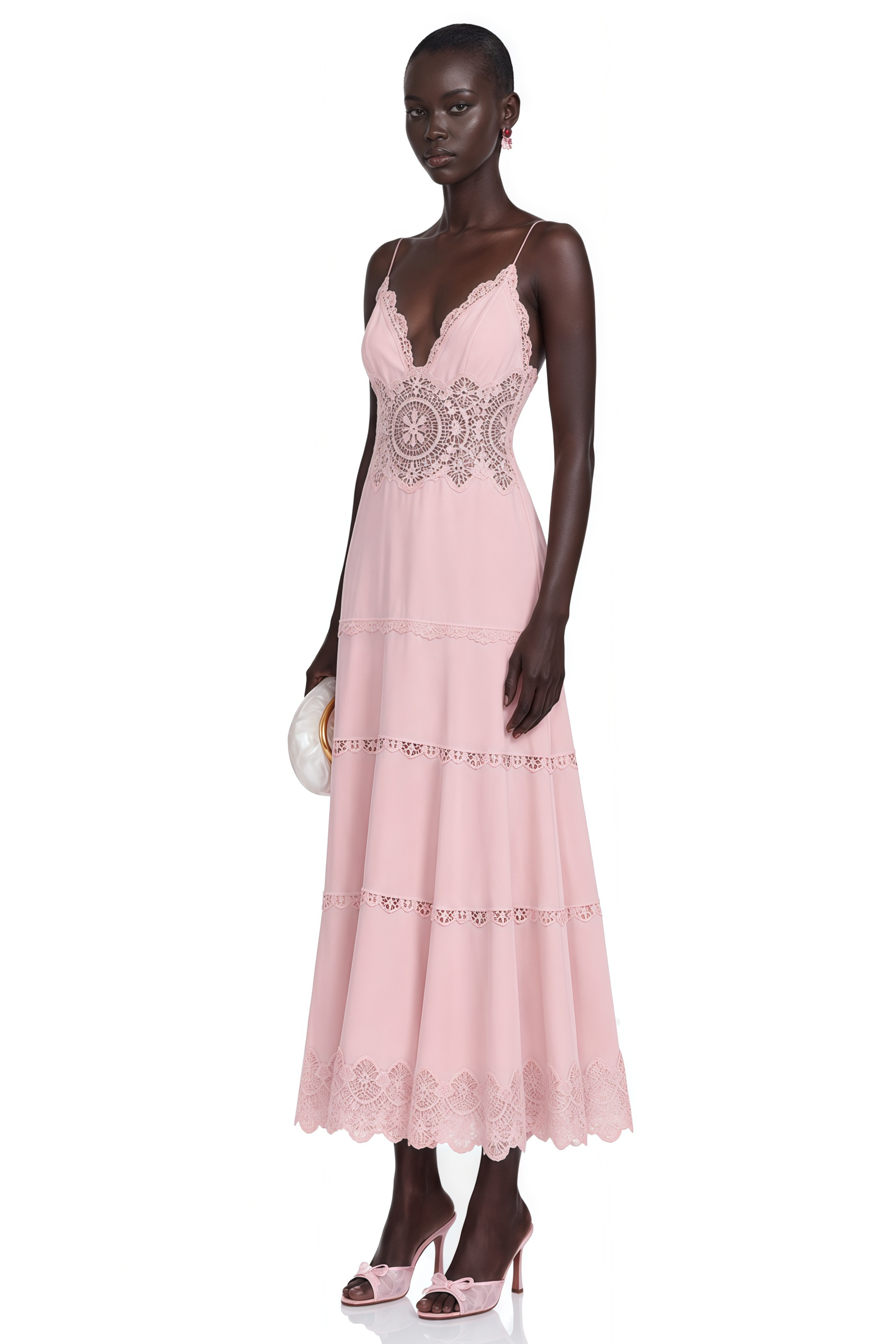 Light pink slip midi dress with intricate lace panels