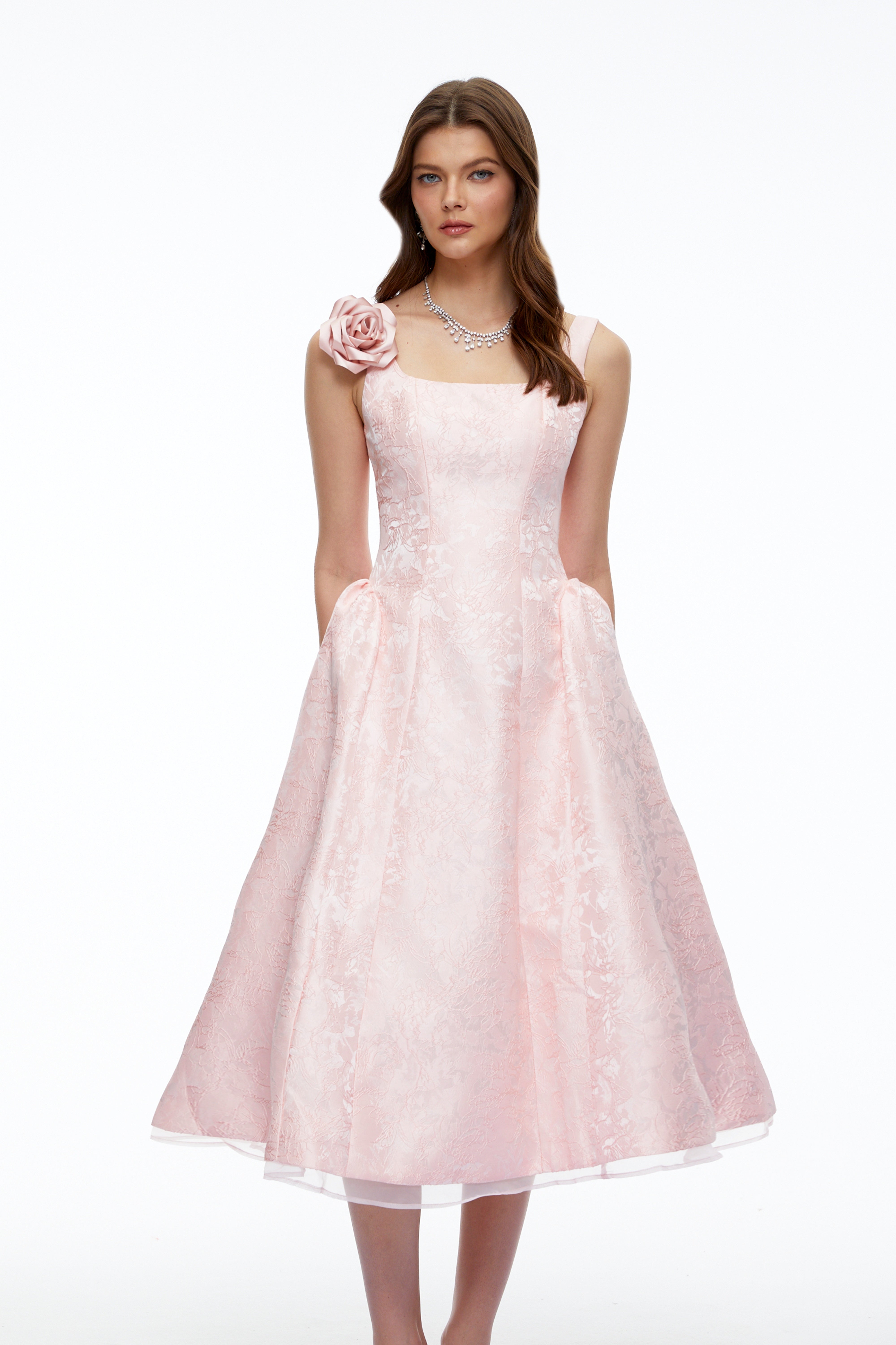 Edwina Pink Square Neck Floral Midi Dress