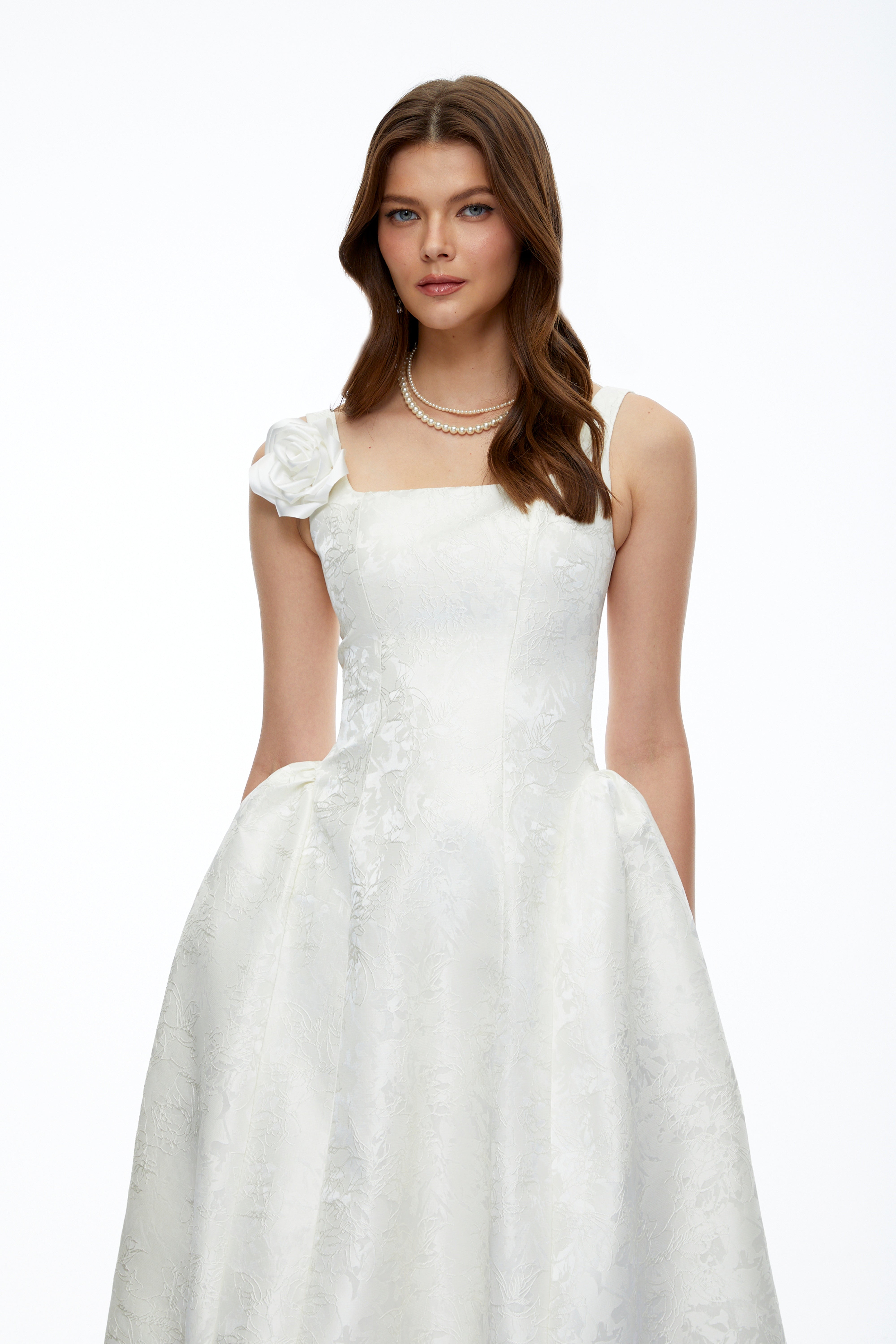 Edwina White Square Neck Floral Midi Dress