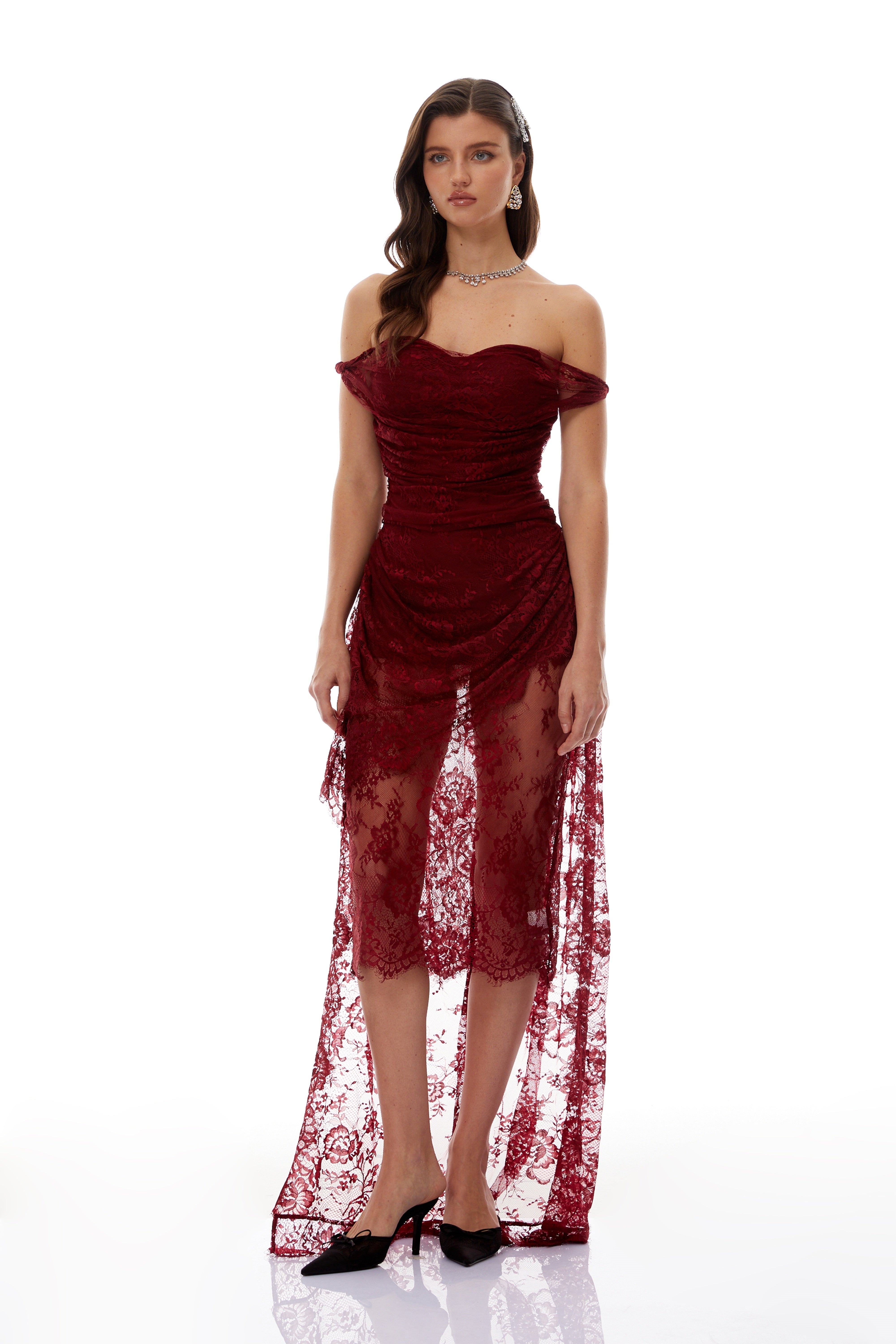 Eline Burgundy Ruched Floral Lace Gown (Final Sale-US Only)